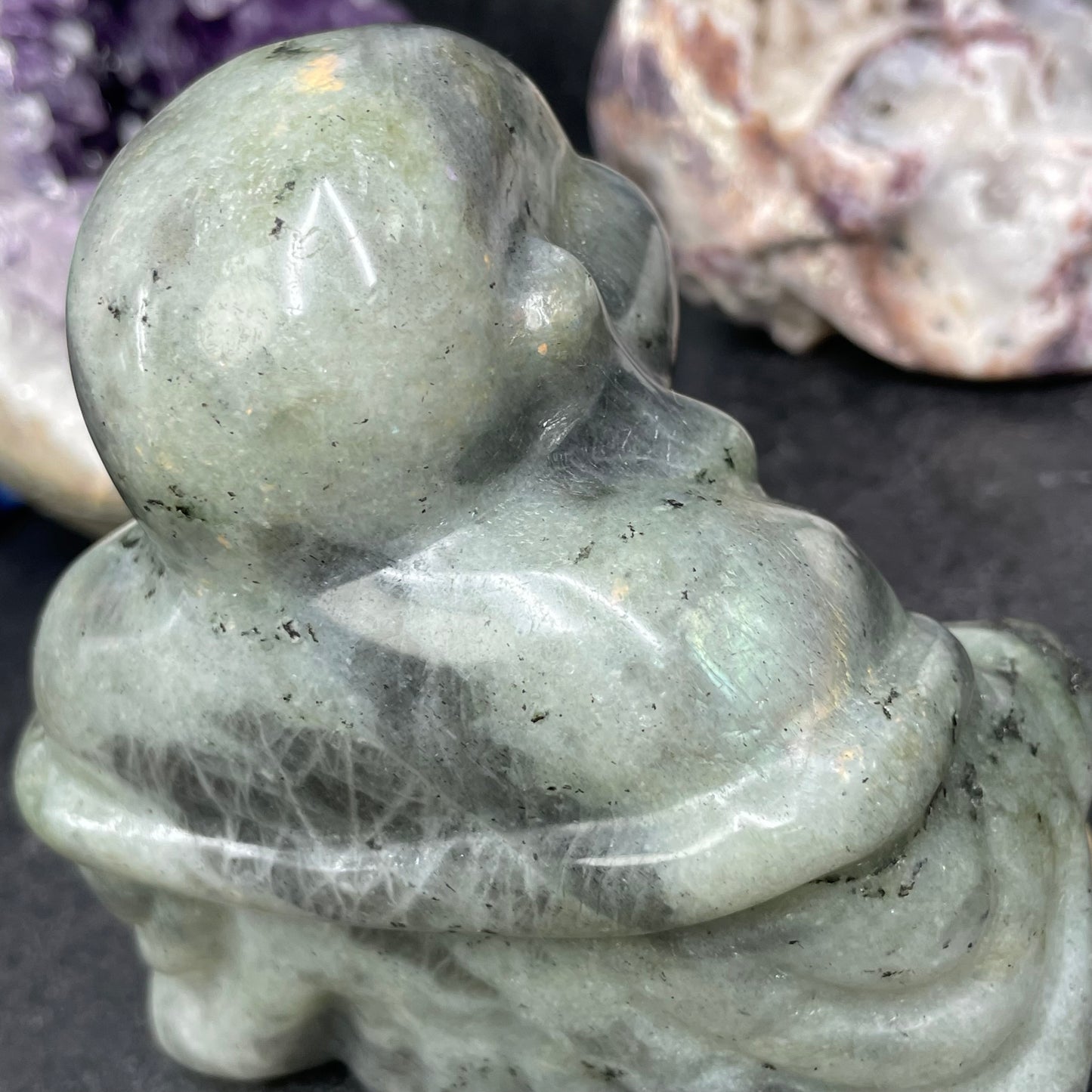 Large Labradorite Crystal Laughing Buddha Carving
