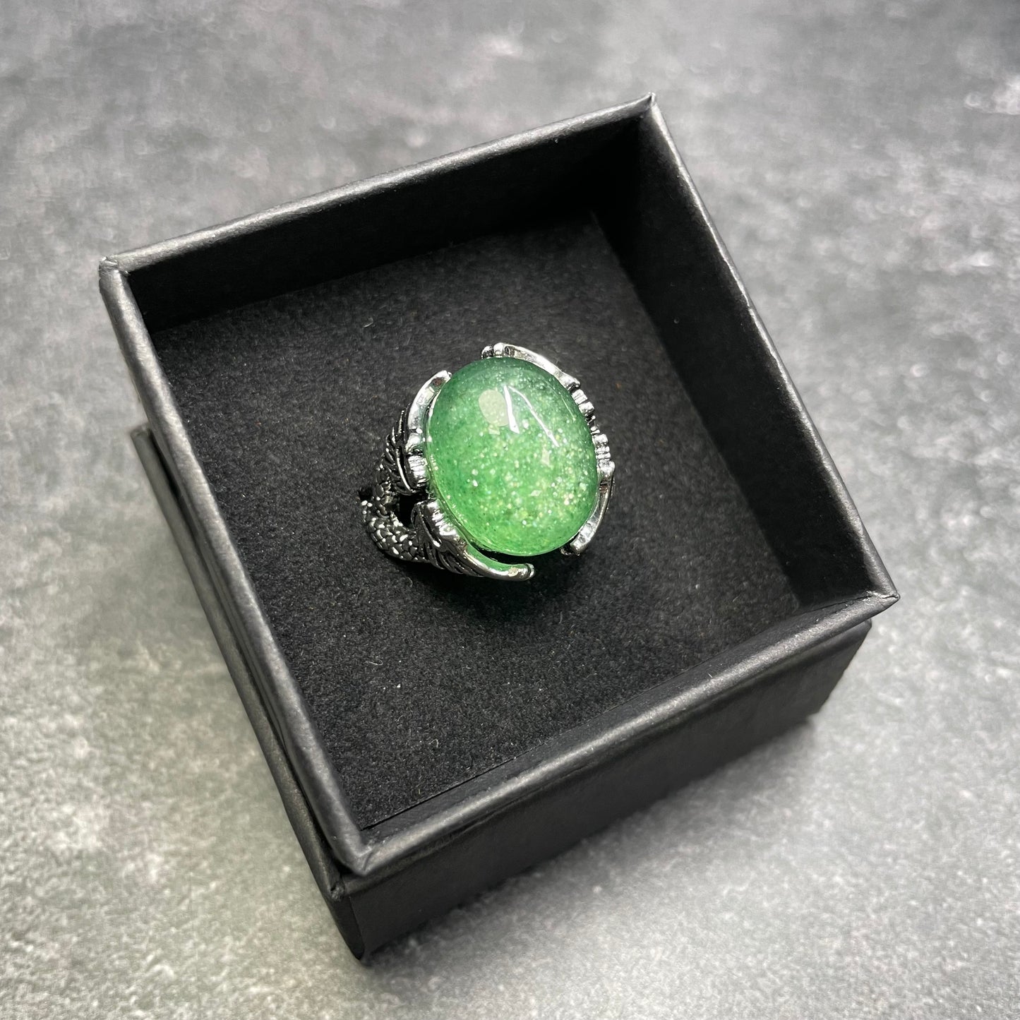 Adjustable Green Strawberry Quartz Crystal Silver Plated Dragon Ring
