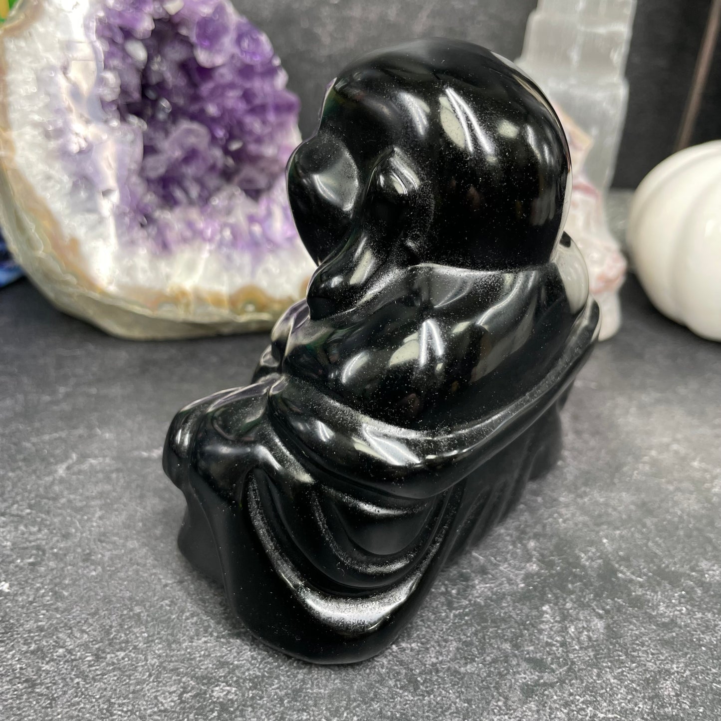 Large Black Obsidian Crystal Laughing Buddha Carving