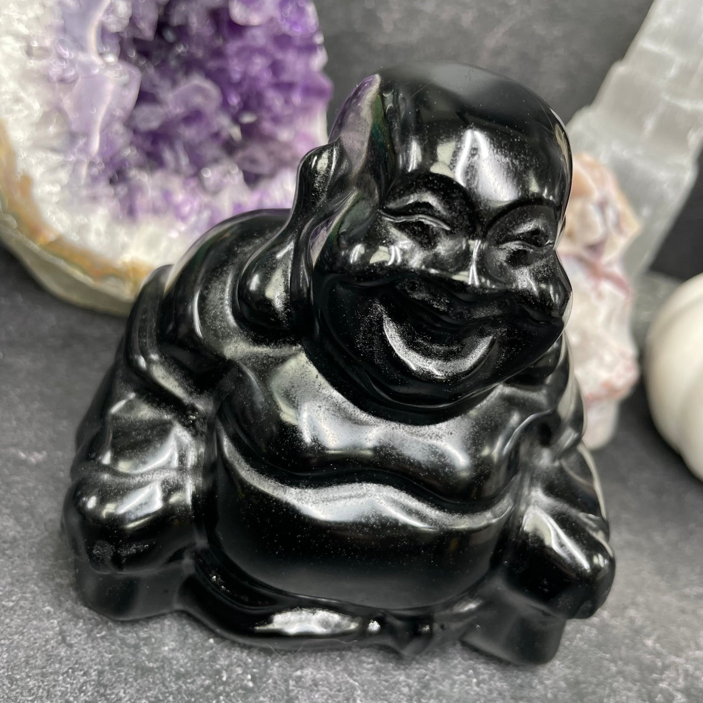 Large Black Obsidian Crystal Laughing Buddha Carving