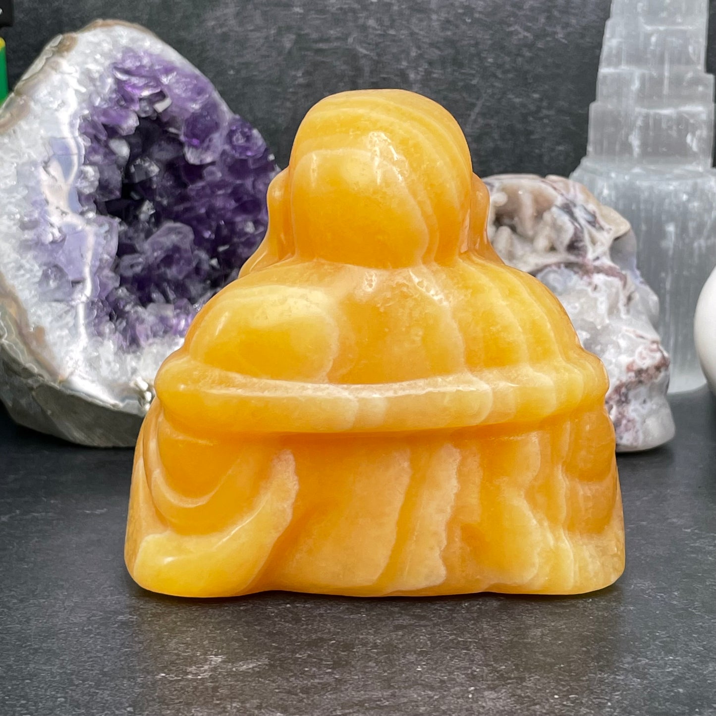 Large Yellow Calcite Crystal Laughing Buddha Carving