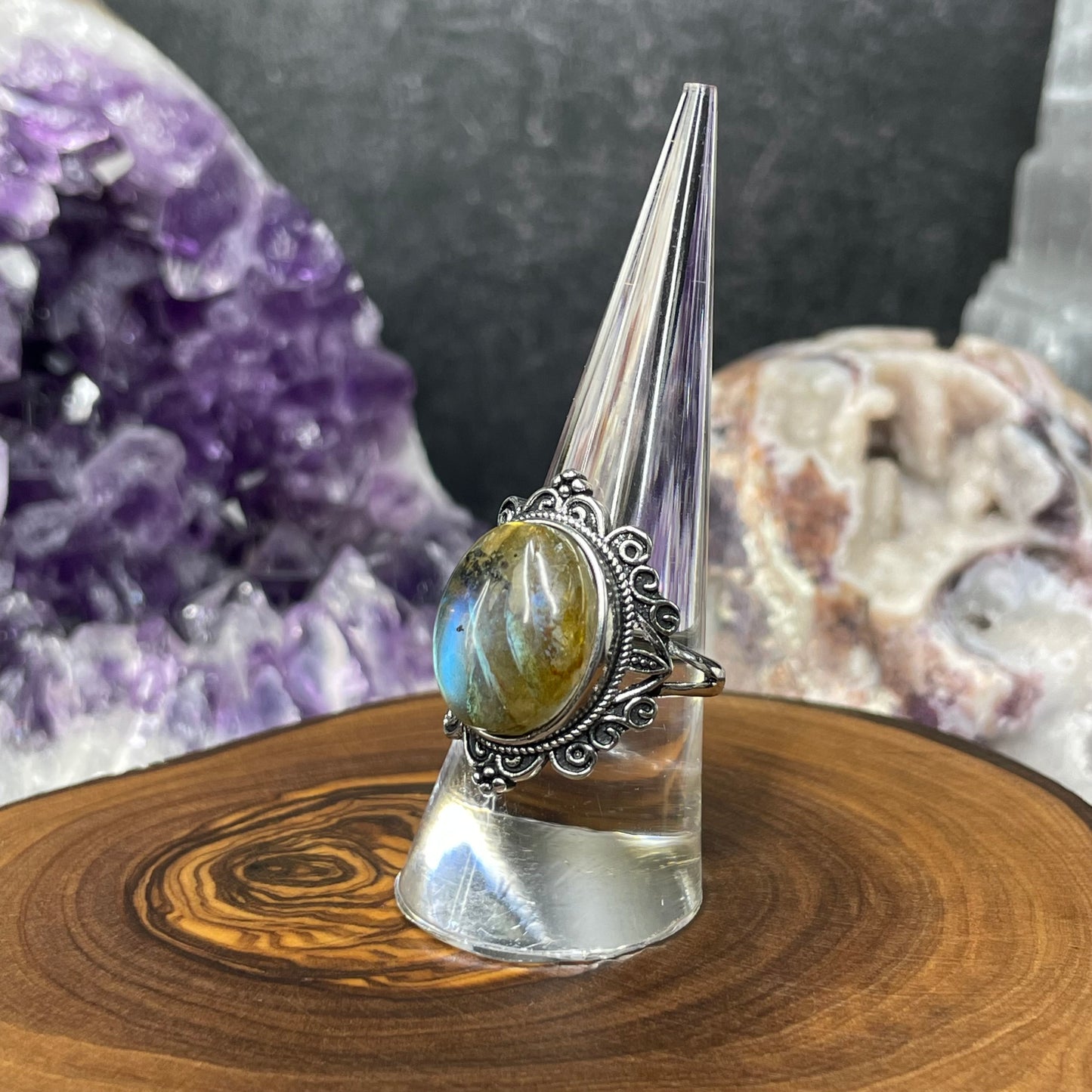 Adjustable Labradorite Crystal Silver Plated Ring