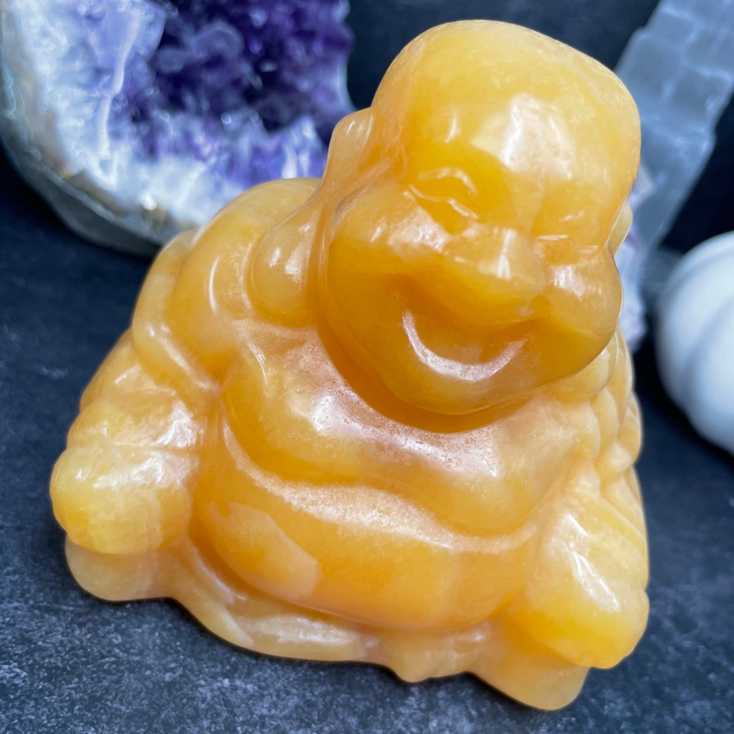 Large Yellow Calcite Crystal Laughing Buddha Carving