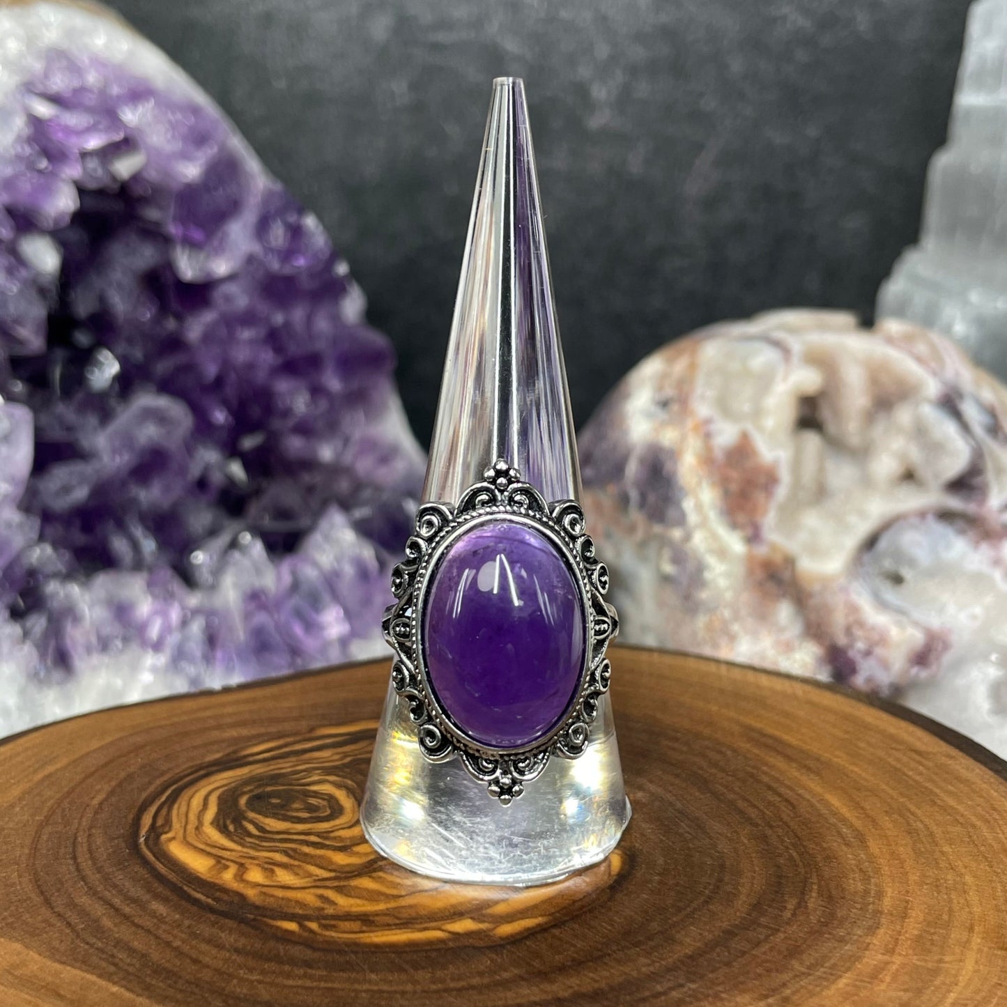 Adjustable Amethyst Crystal Silver Plated Ring