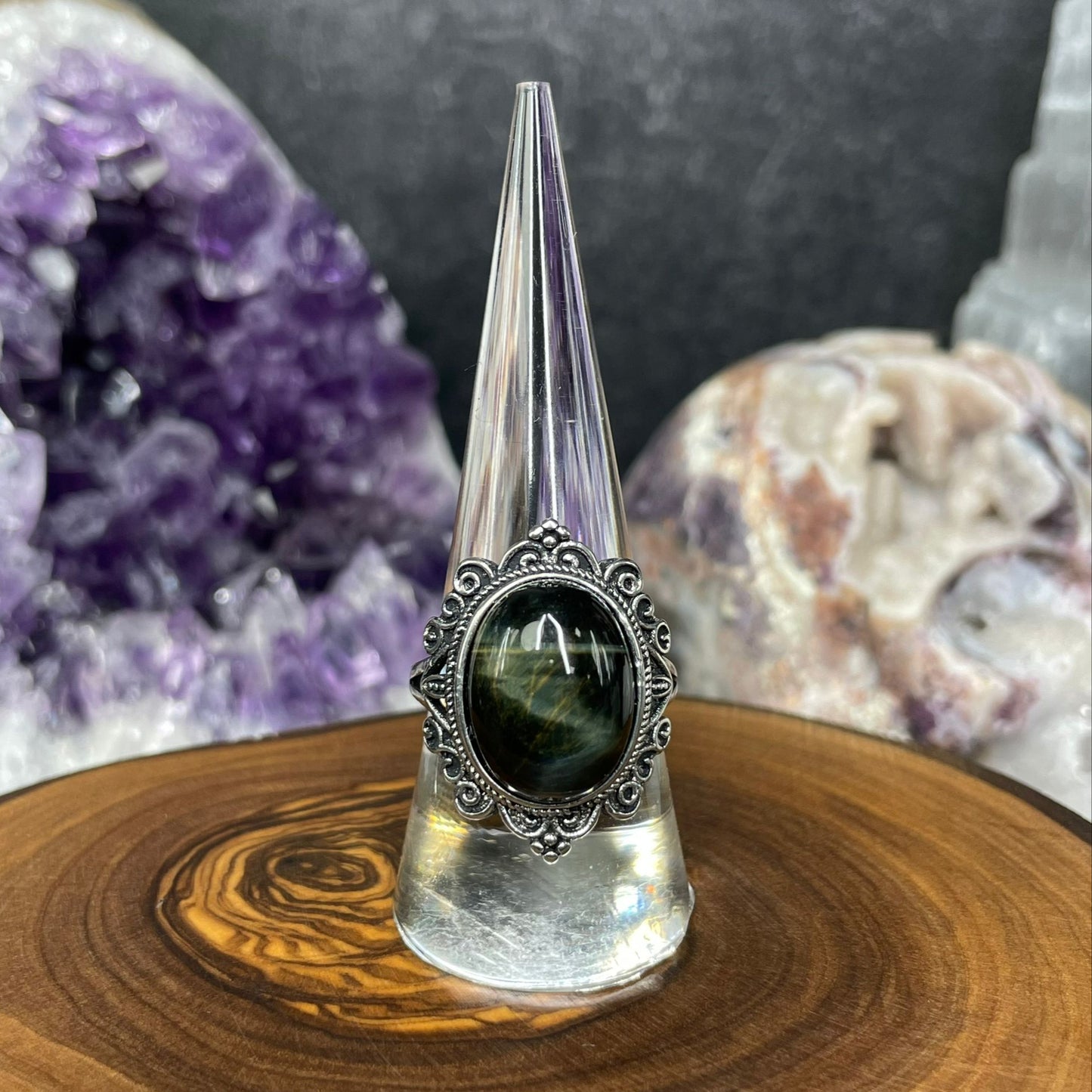 Adjustable Blue Tiger's Eye Crystal Silver Plated Ring