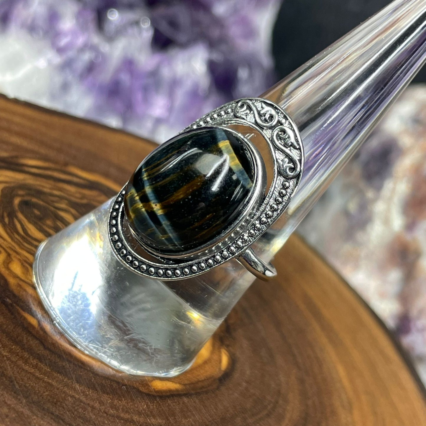 Adjustable Blue Tiger's Eye Crystal Silver Plated Ring