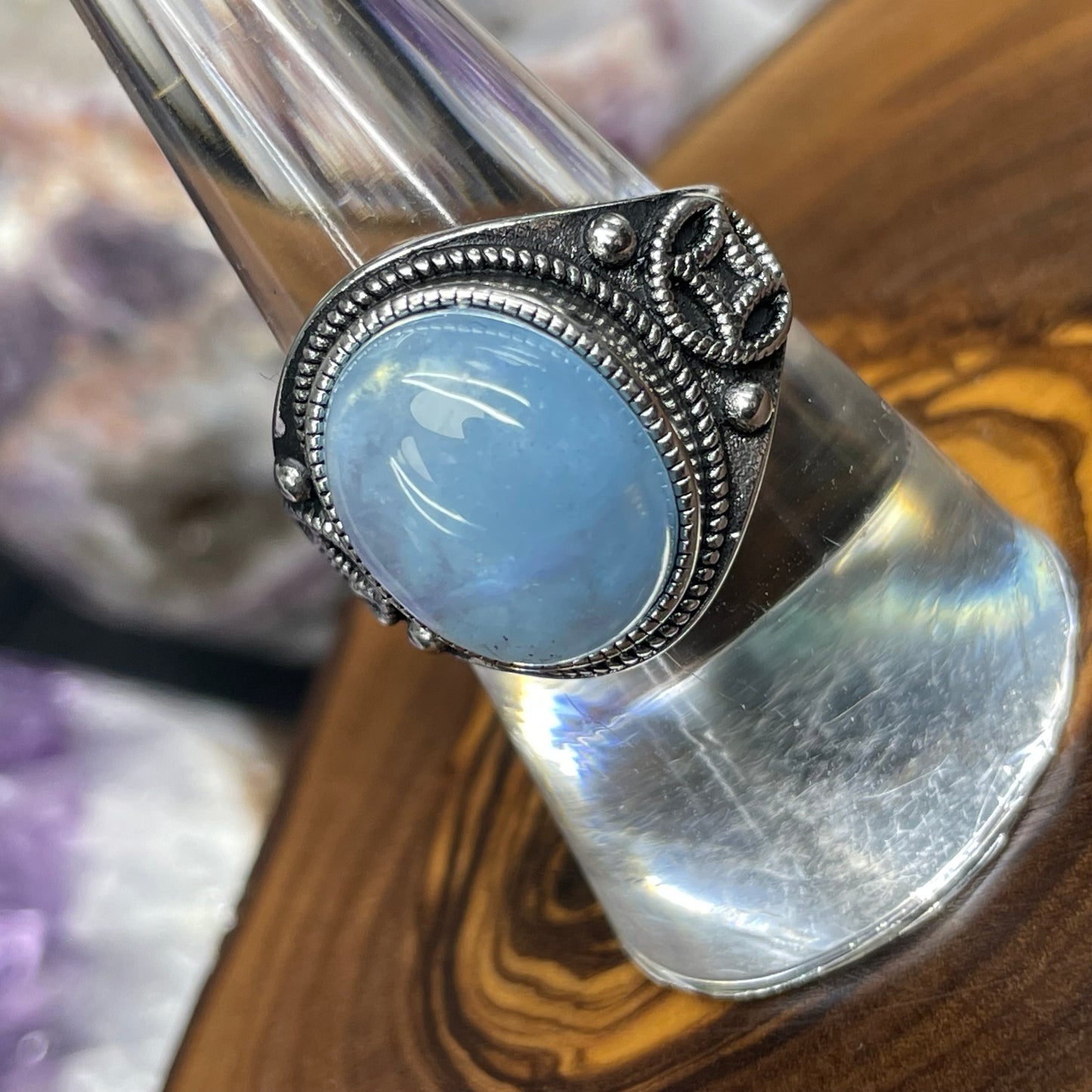 Adjustable Aquamarine Crystal Silver Plated Ring