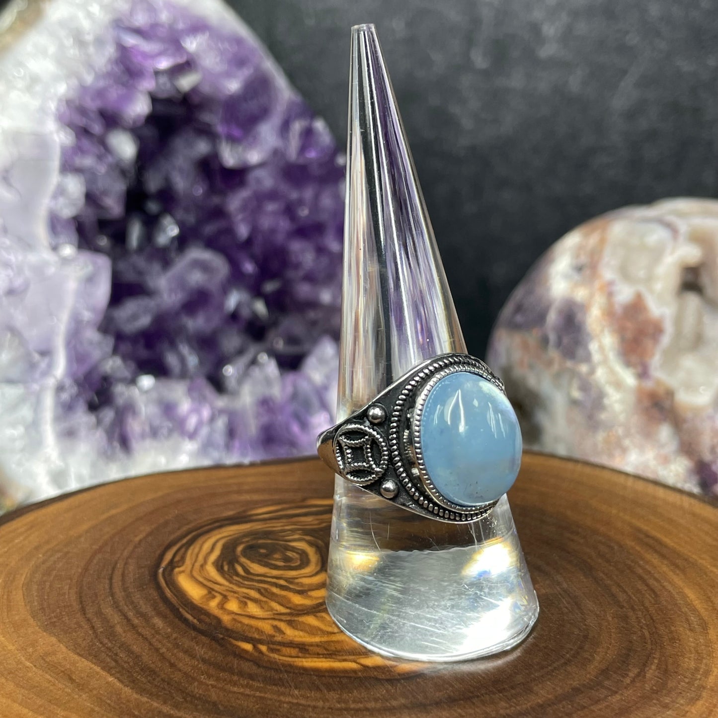 Aquamarine Crystal Silver Plated Adjustable Ring