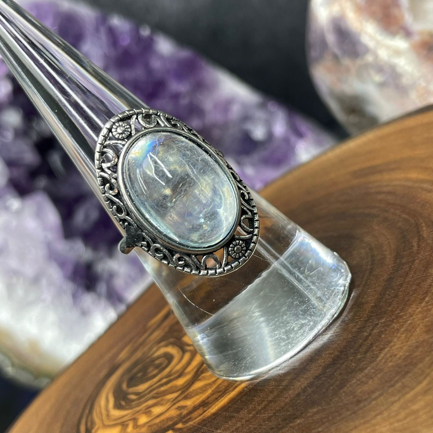 Adjustable Aquamarine Crystal Silver Plated Ring