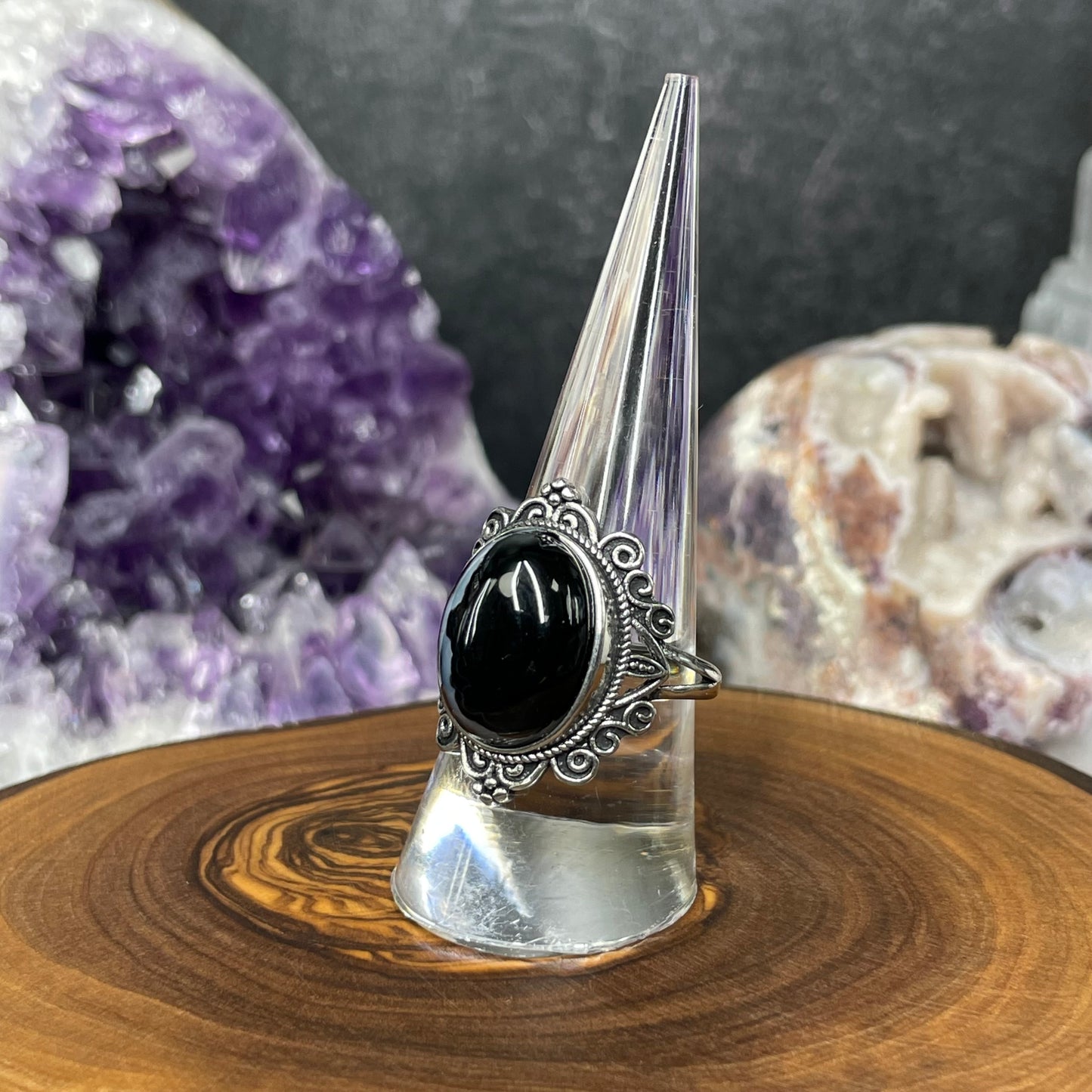 Adjustable Black Agate Crystal Silver Plated Ring