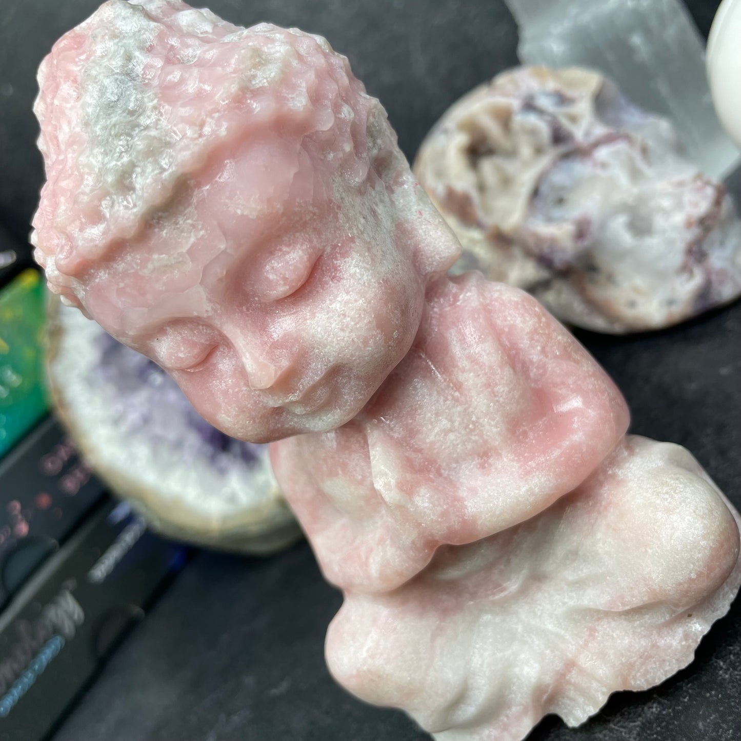 Large Pink Opal Crystal Buddha Carving