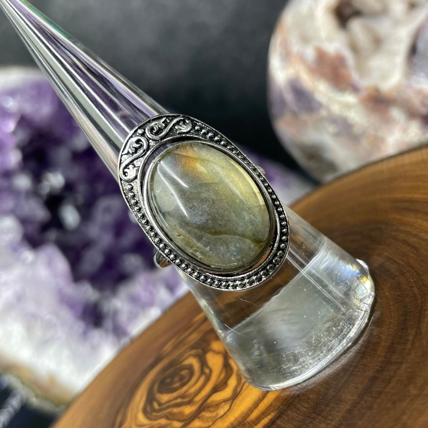 Adjustable Labradorite Crystal Silver Plated Ring