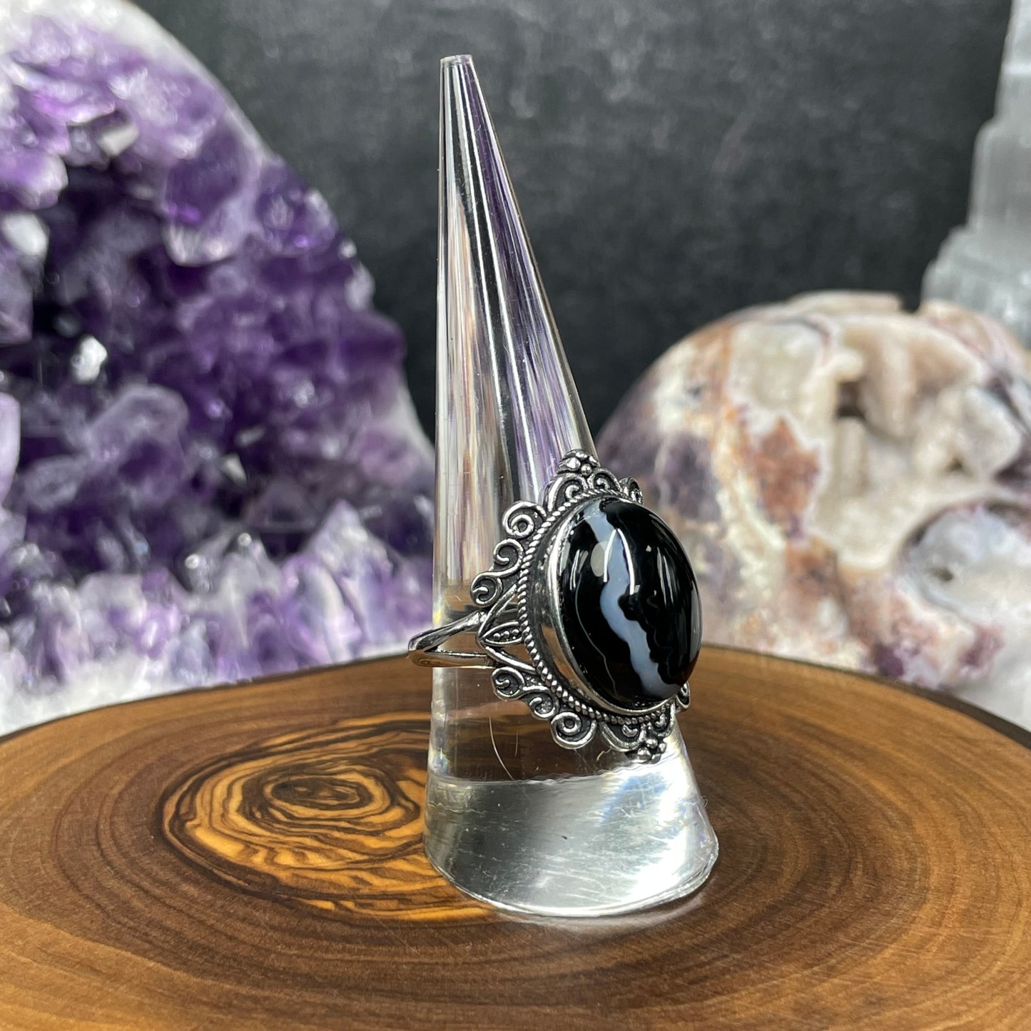 Adjustable Black Agate Crystal Silver Plated Ring