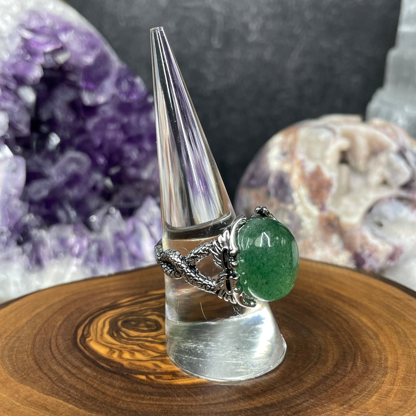 Adjustable Green Strawberry Quartz Crystal Silver Plated Dragon Ring