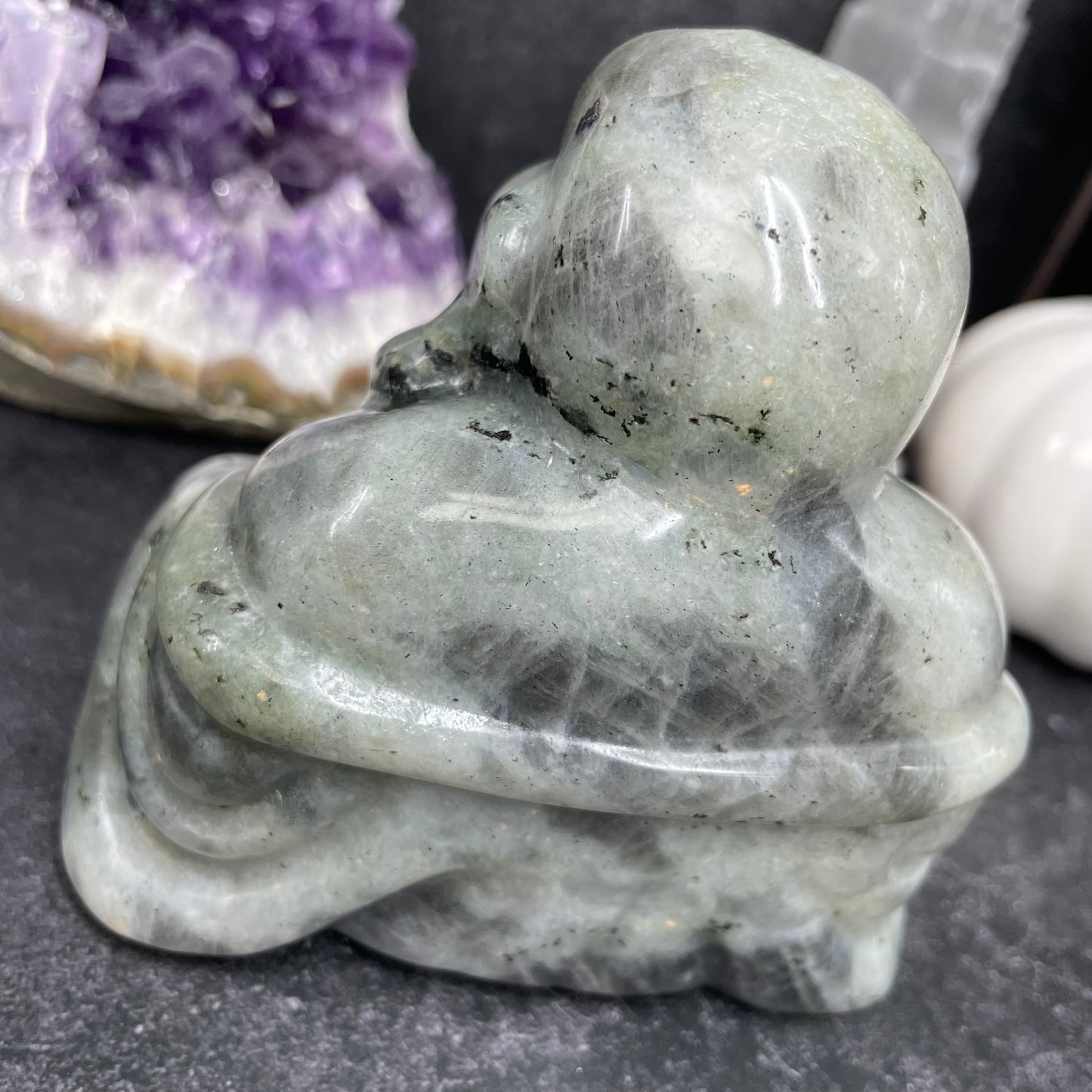 Large Labradorite Crystal Laughing Buddha Carving