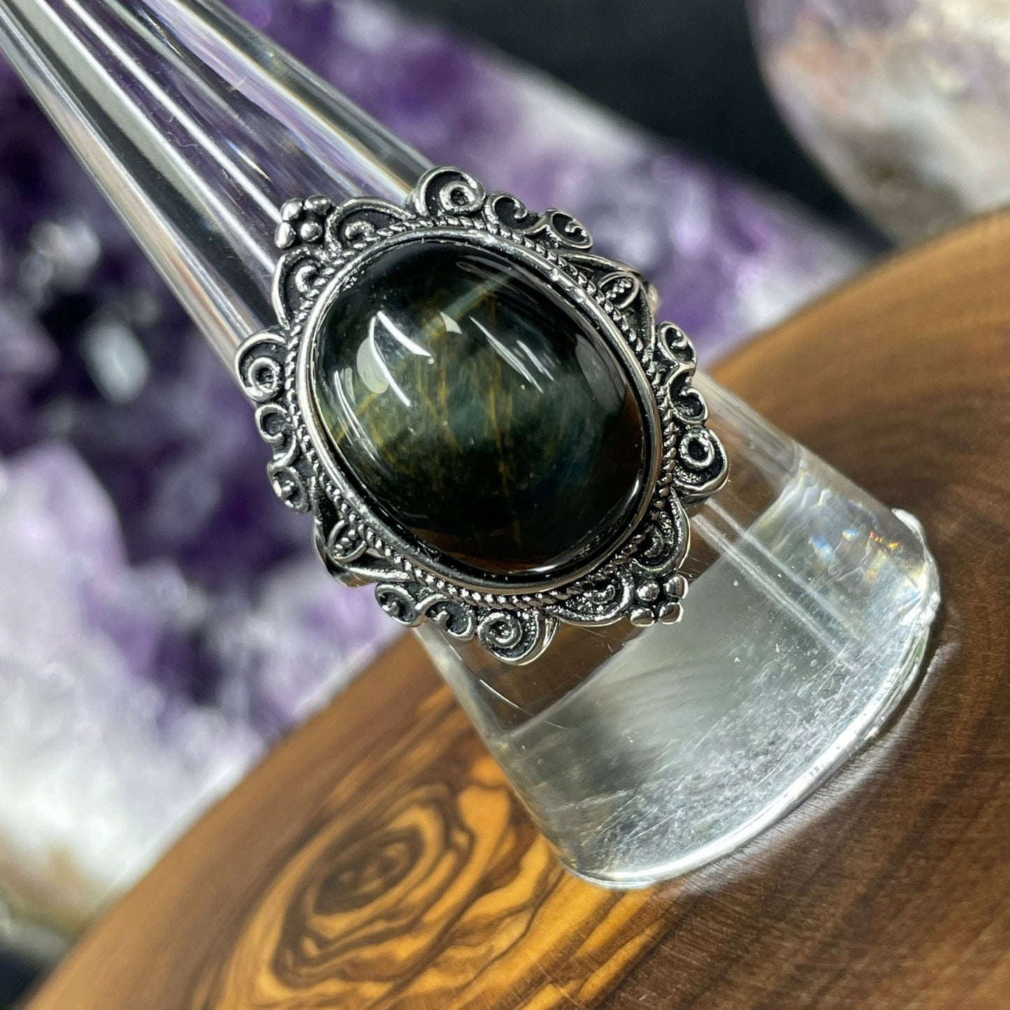 Adjustable Blue Tiger's Eye Crystal Silver Plated Ring