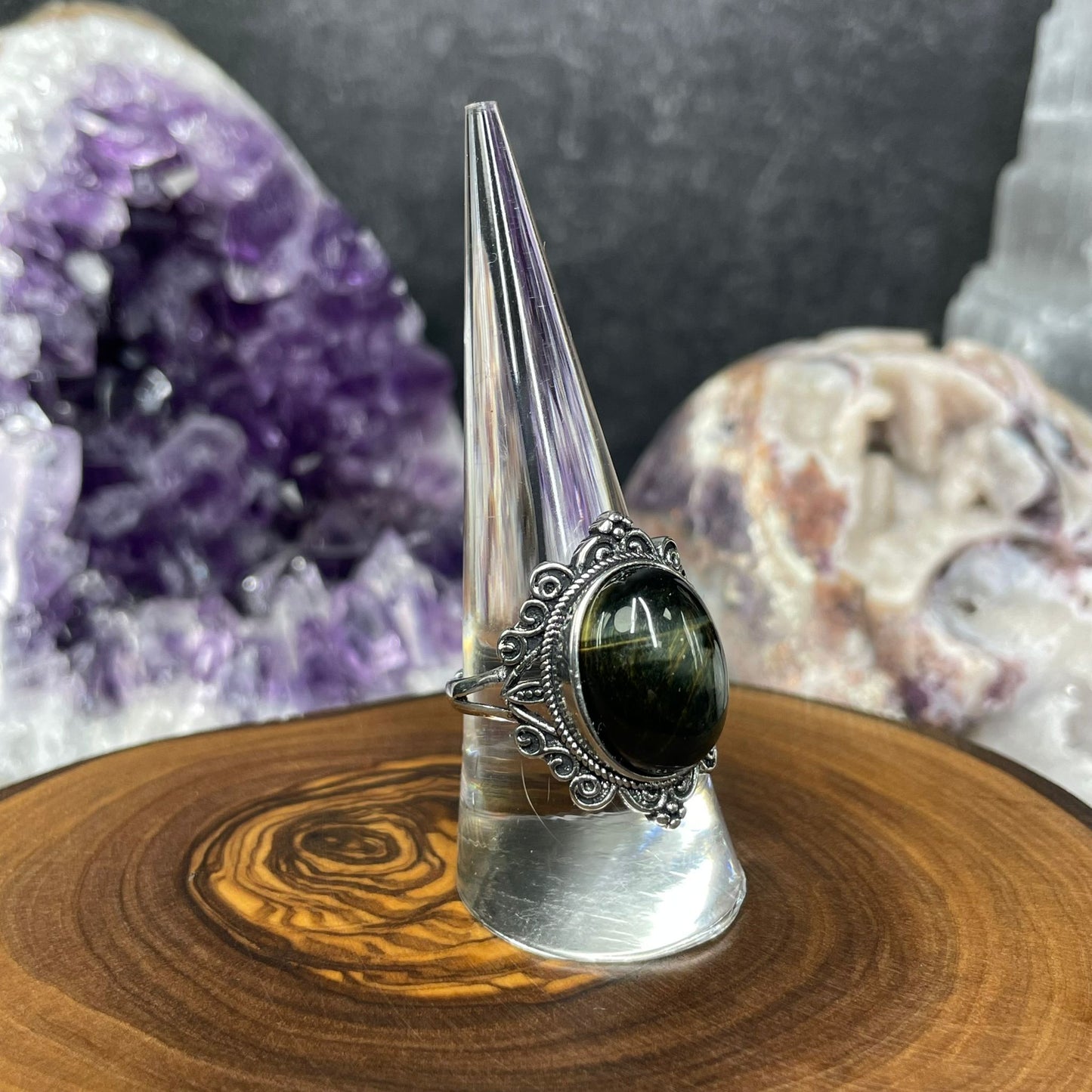 Adjustable Blue Tiger's Eye Crystal Silver Plated Ring
