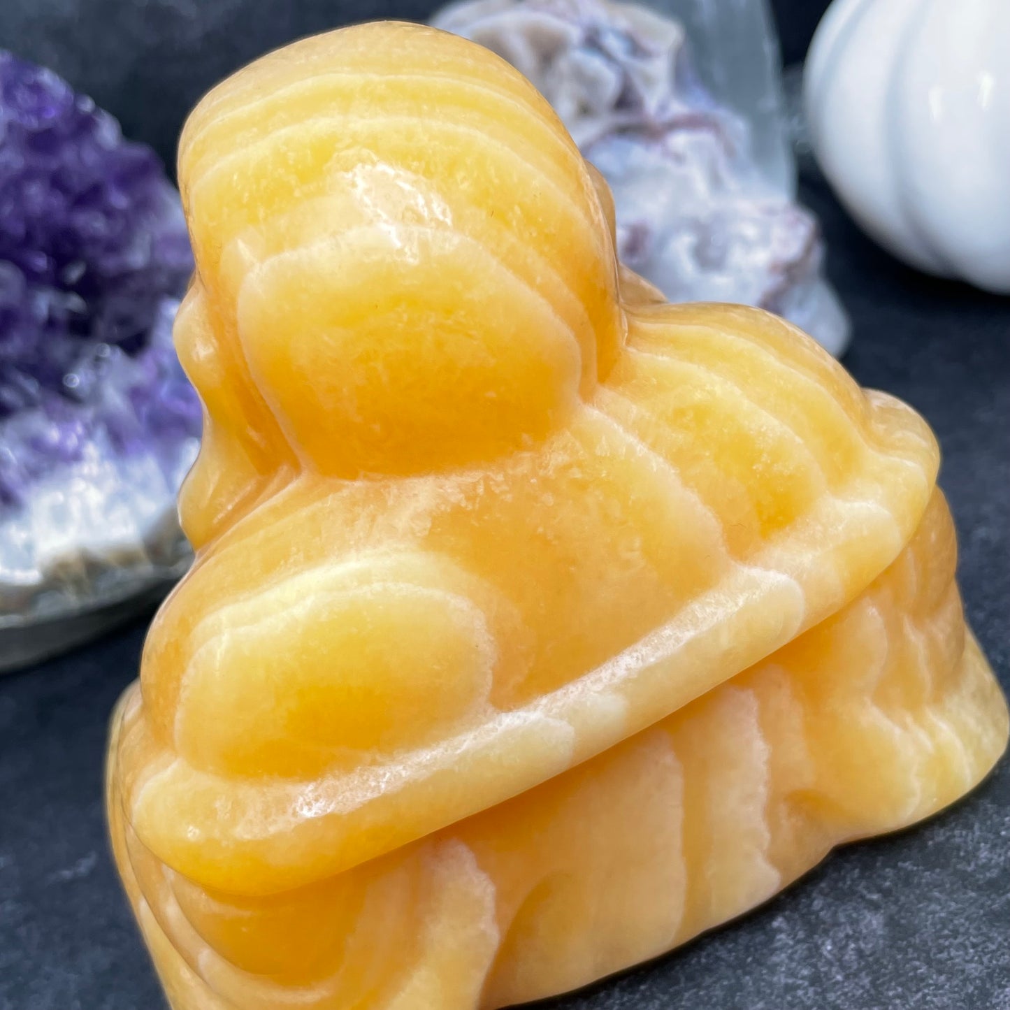 Large Yellow Calcite Crystal Laughing Buddha Carving