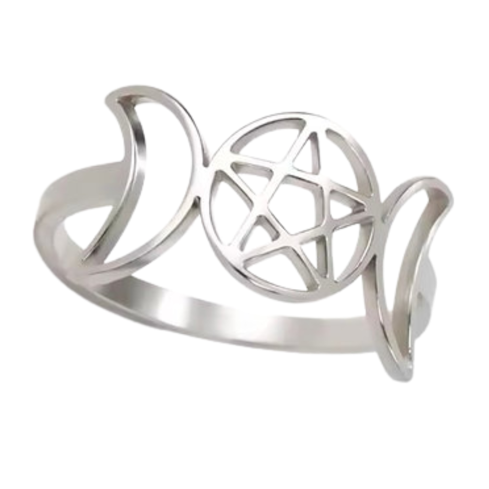 Triple Moon & Pentagram Silver Ring
