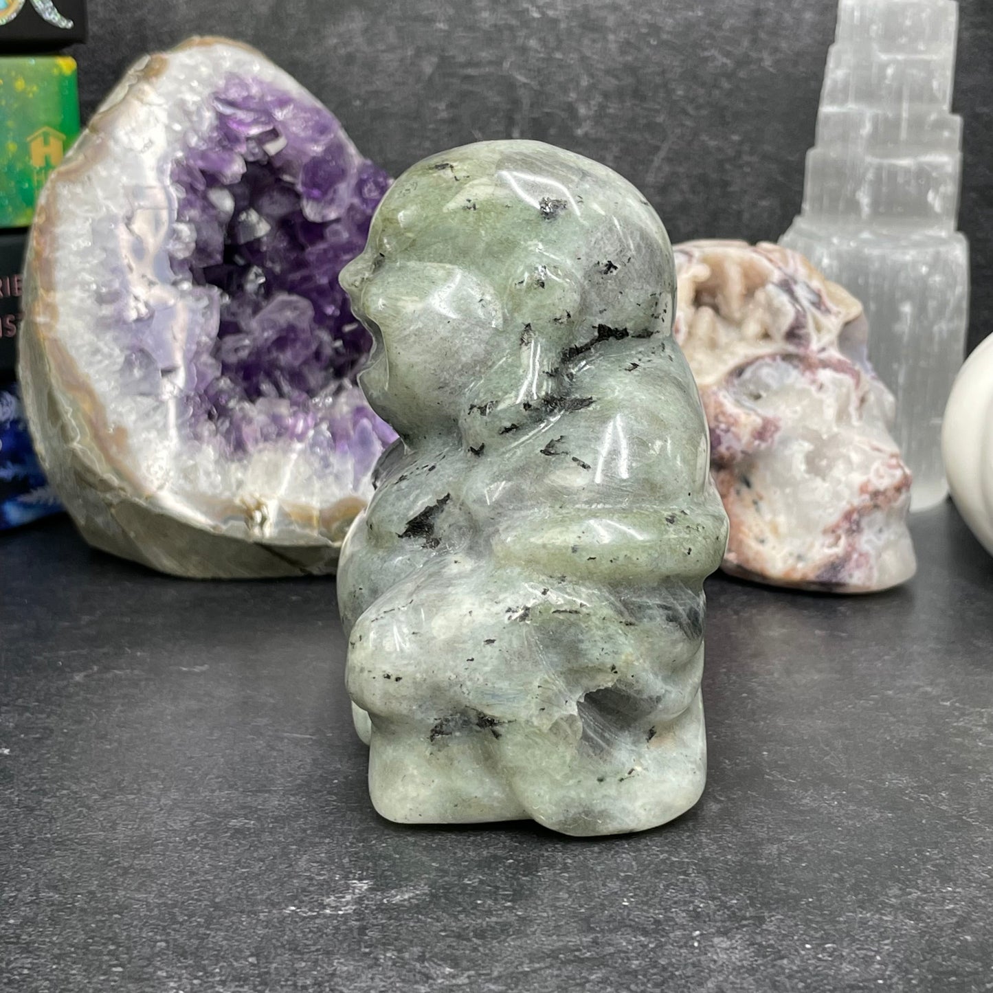 Large Labradorite Crystal Laughing Buddha Carving