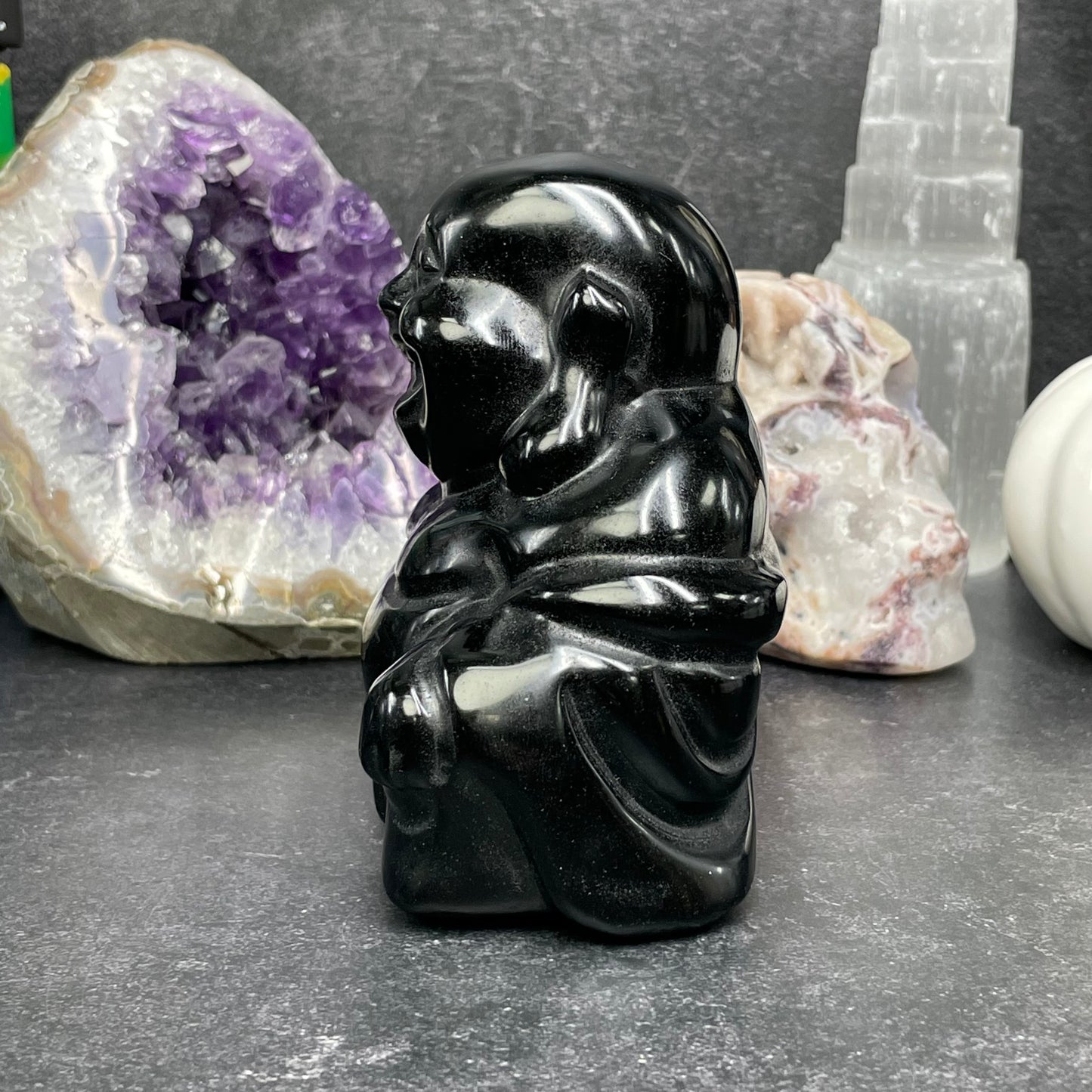 Large Black Obsidian Crystal Laughing Buddha Carving