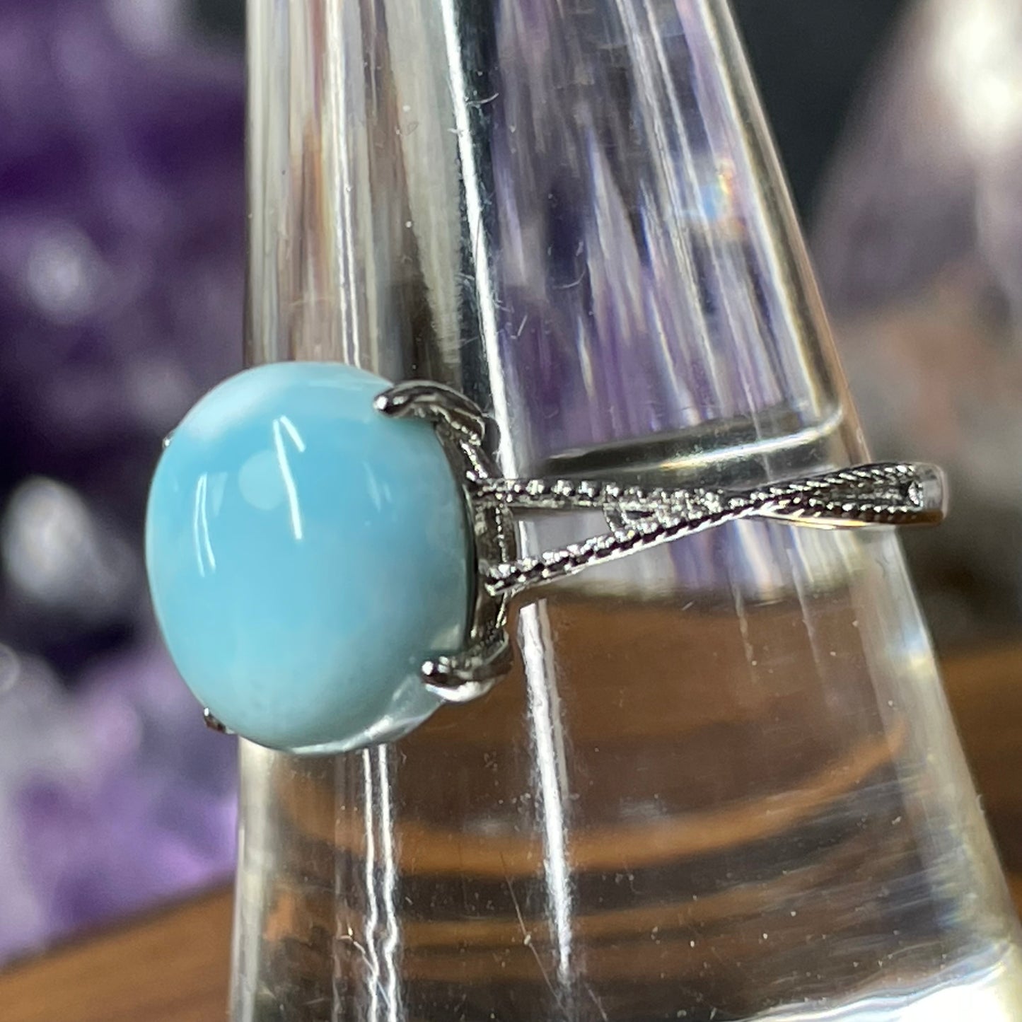 Adjustable Larimar Crystal Silver Plated Ring