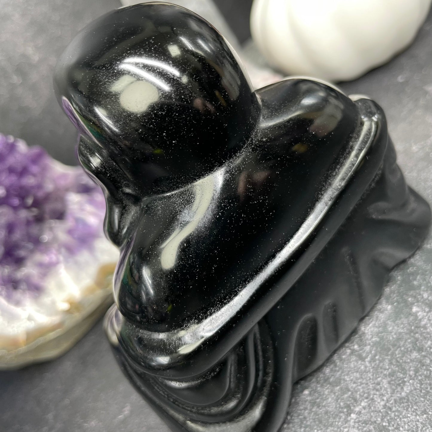 Large Black Obsidian Crystal Laughing Buddha Carving
