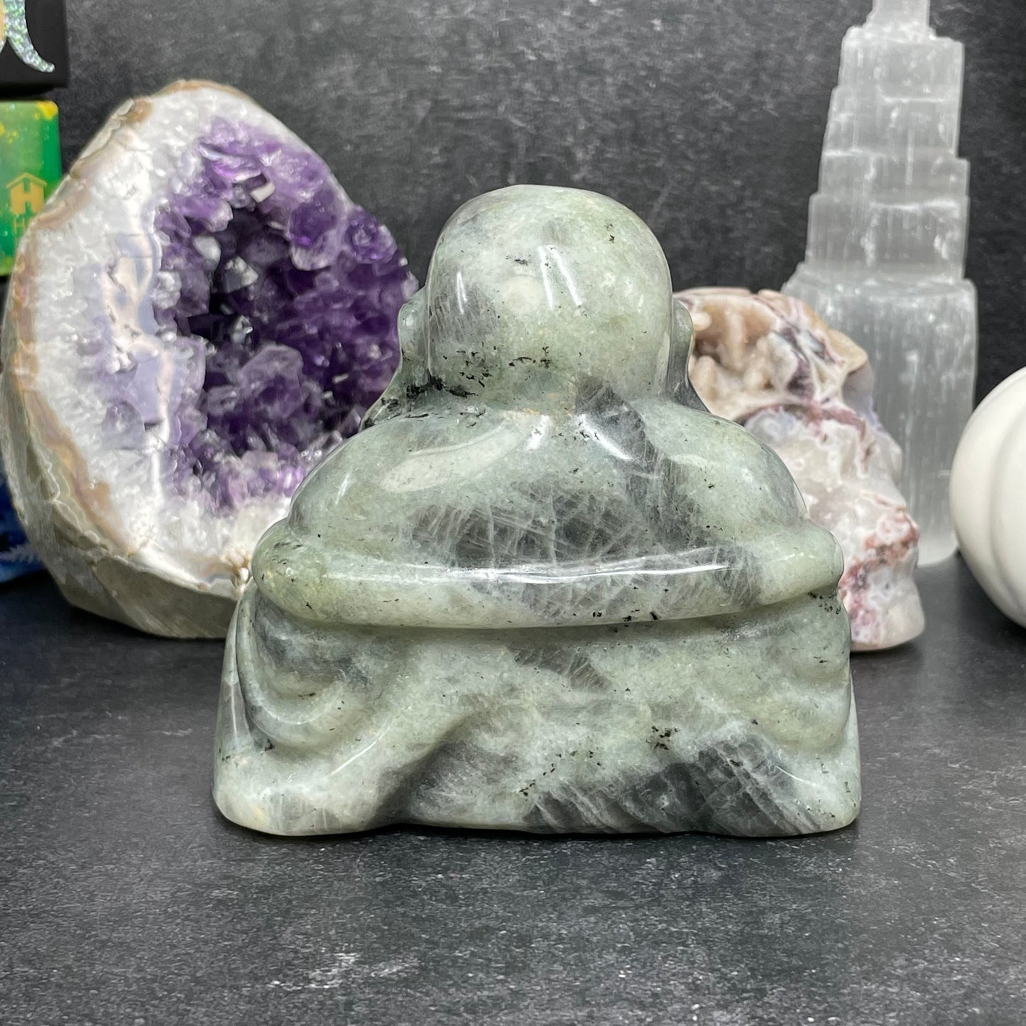 Large Labradorite Crystal Laughing Buddha Carving