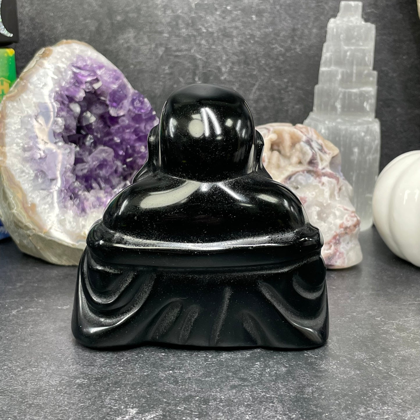 Large Black Obsidian Crystal Laughing Buddha Carving