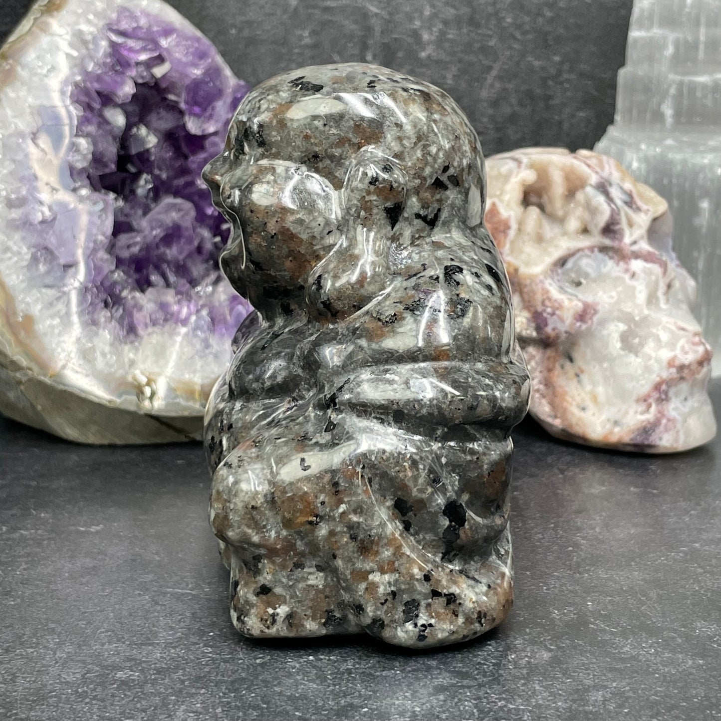 Yooperlite Crystal Laughing Buddha Carving