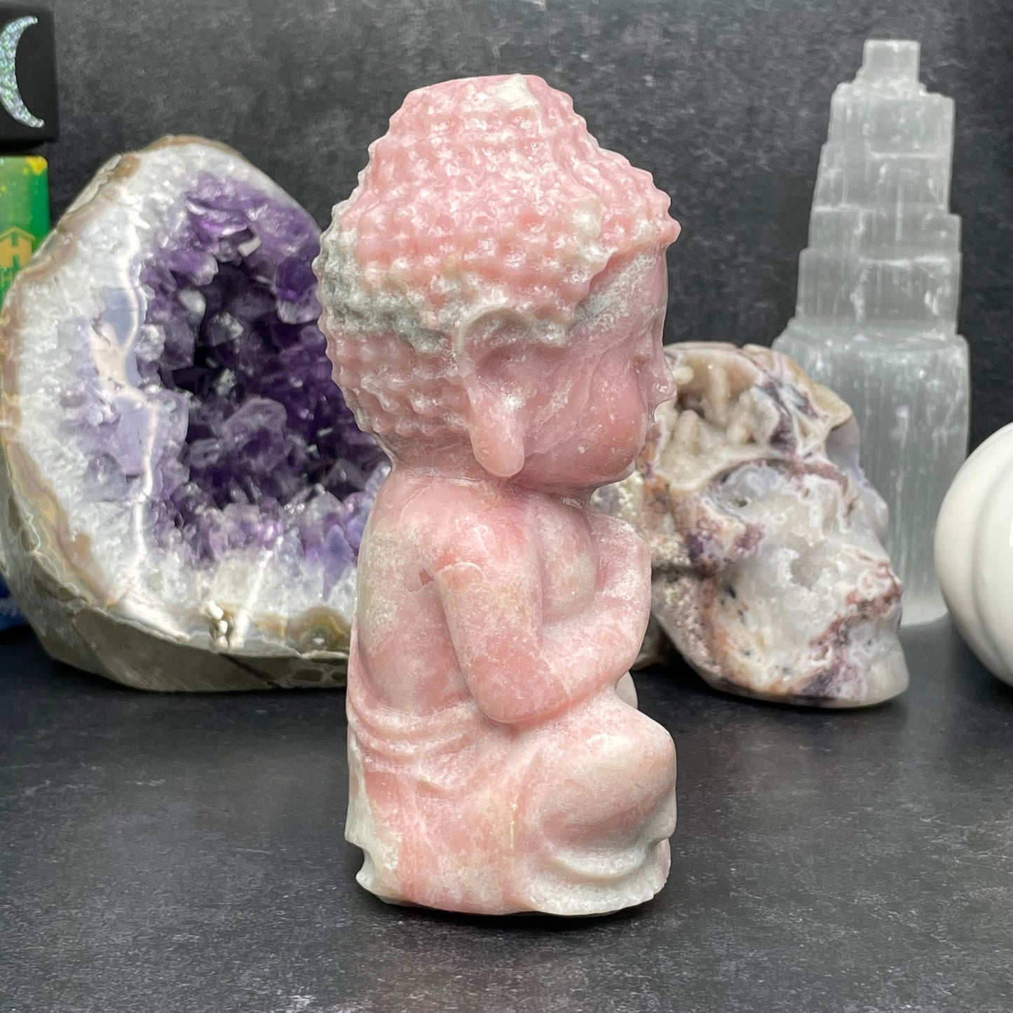 Large Pink Opal Crystal Buddha Carving