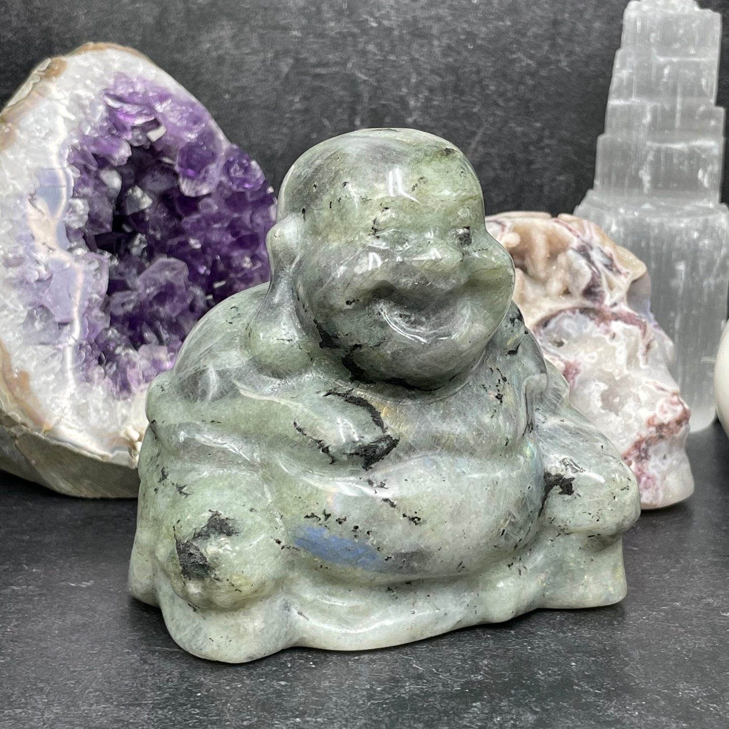 Large Labradorite Crystal Laughing Buddha Carving