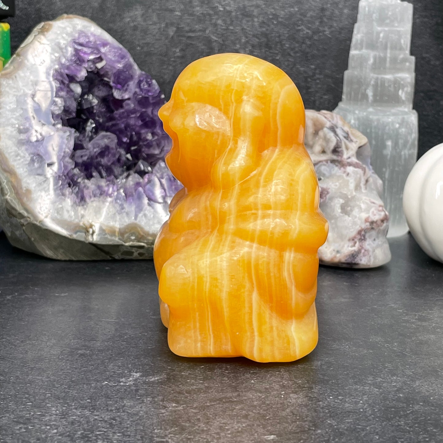 Large Yellow Calcite Crystal Laughing Buddha Carving