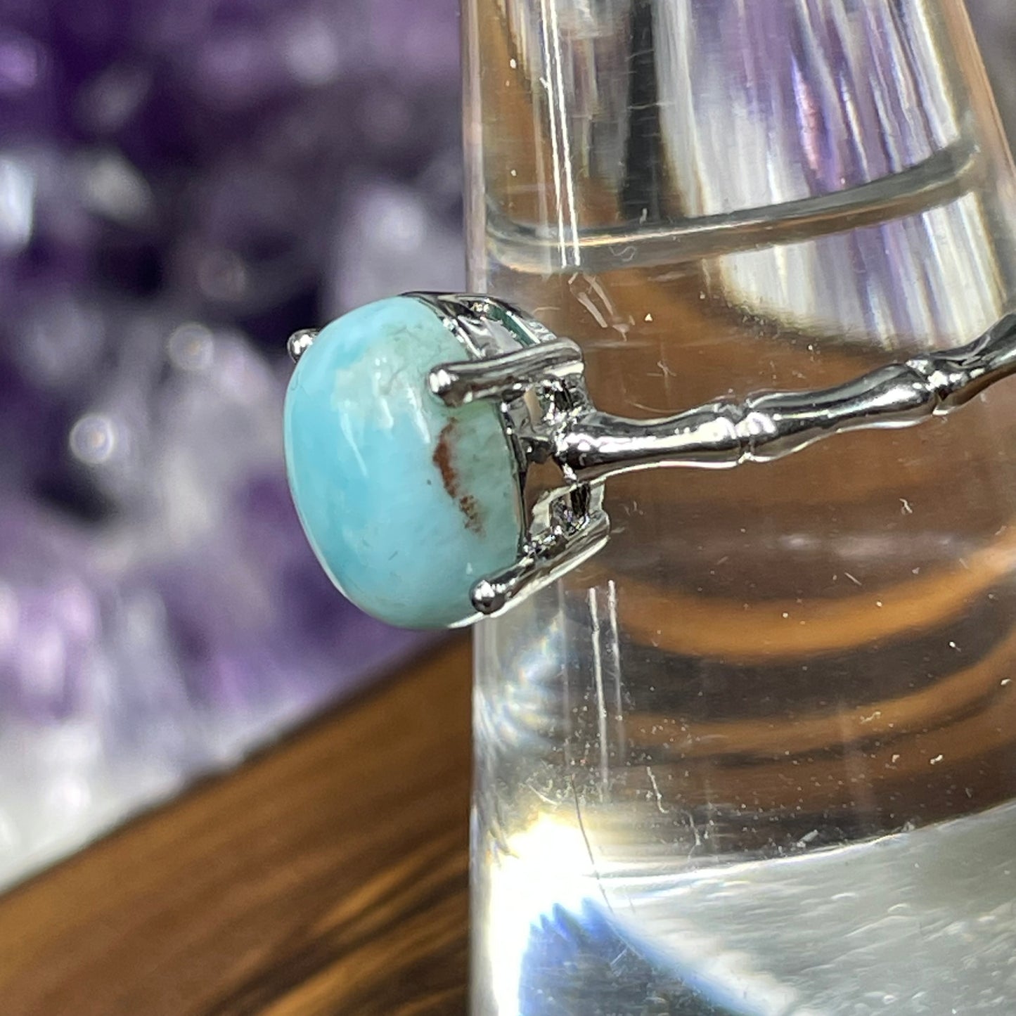 Adjustable Larimar Crystal Silver Plated Ring