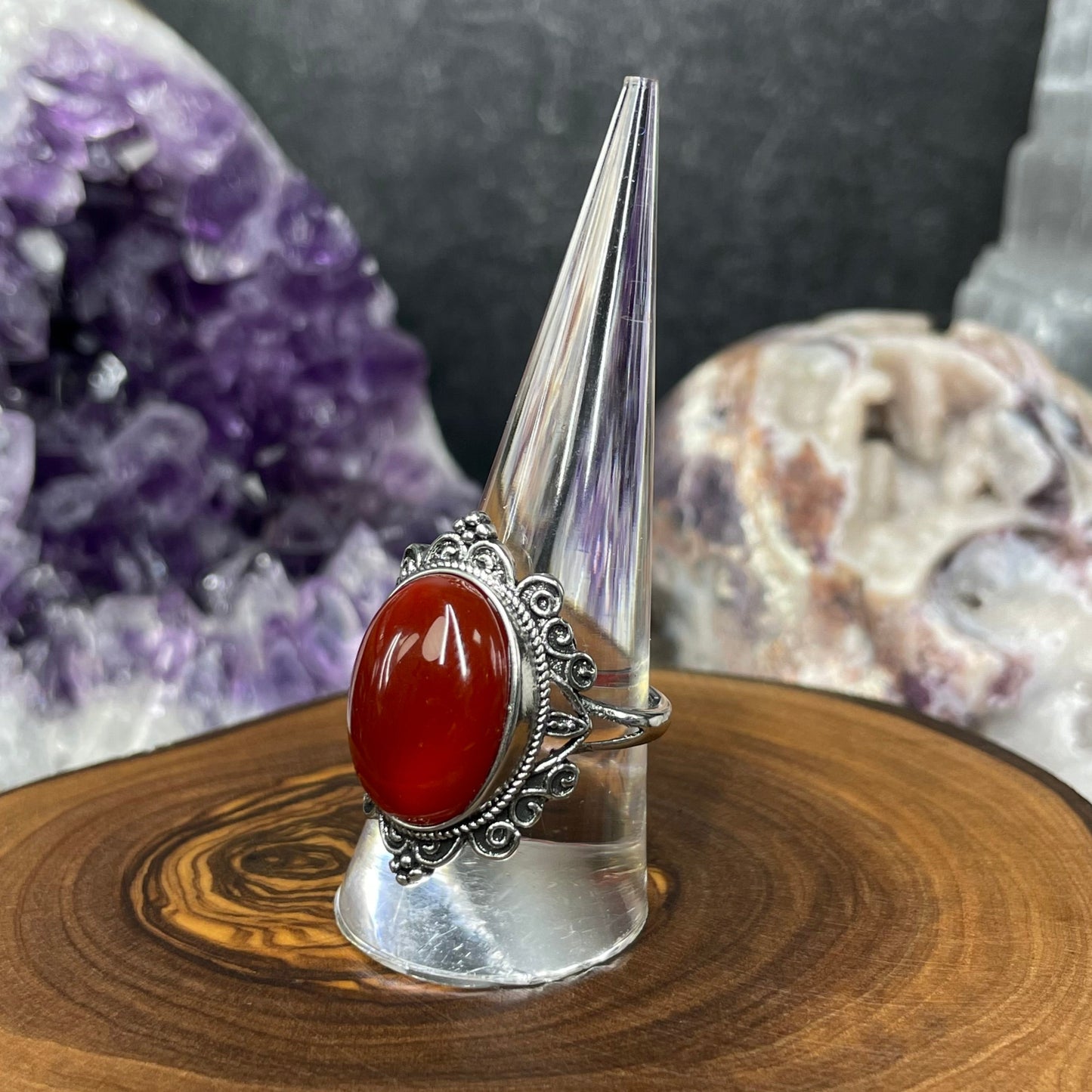 Adjustable Carnelian Crystal Silver Plated Ring