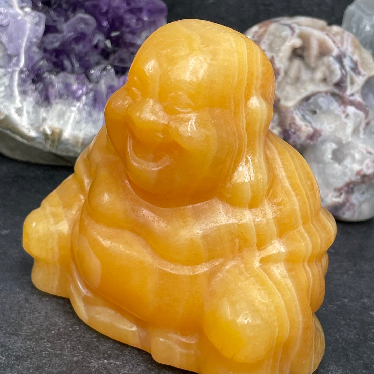 Large Yellow Calcite Crystal Laughing Buddha Carving