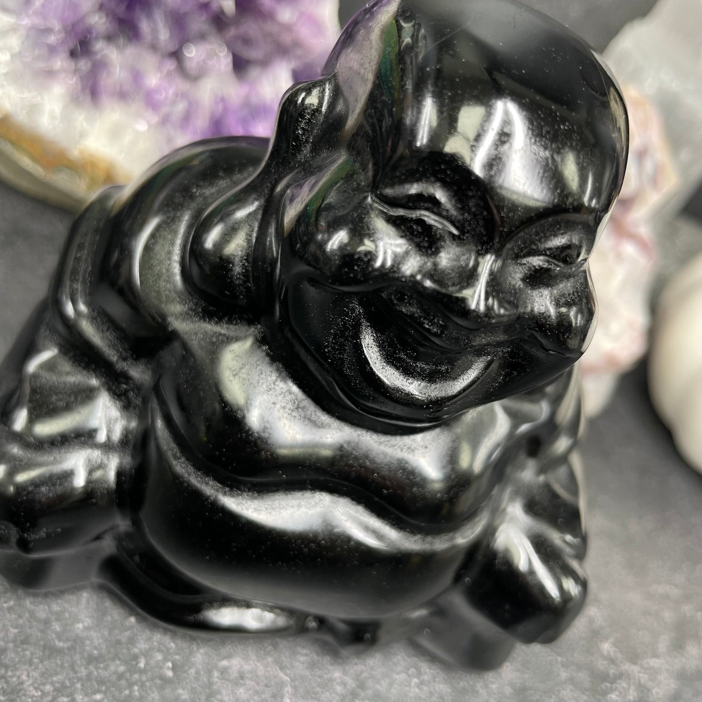 Large Black Obsidian Crystal Laughing Buddha Carving