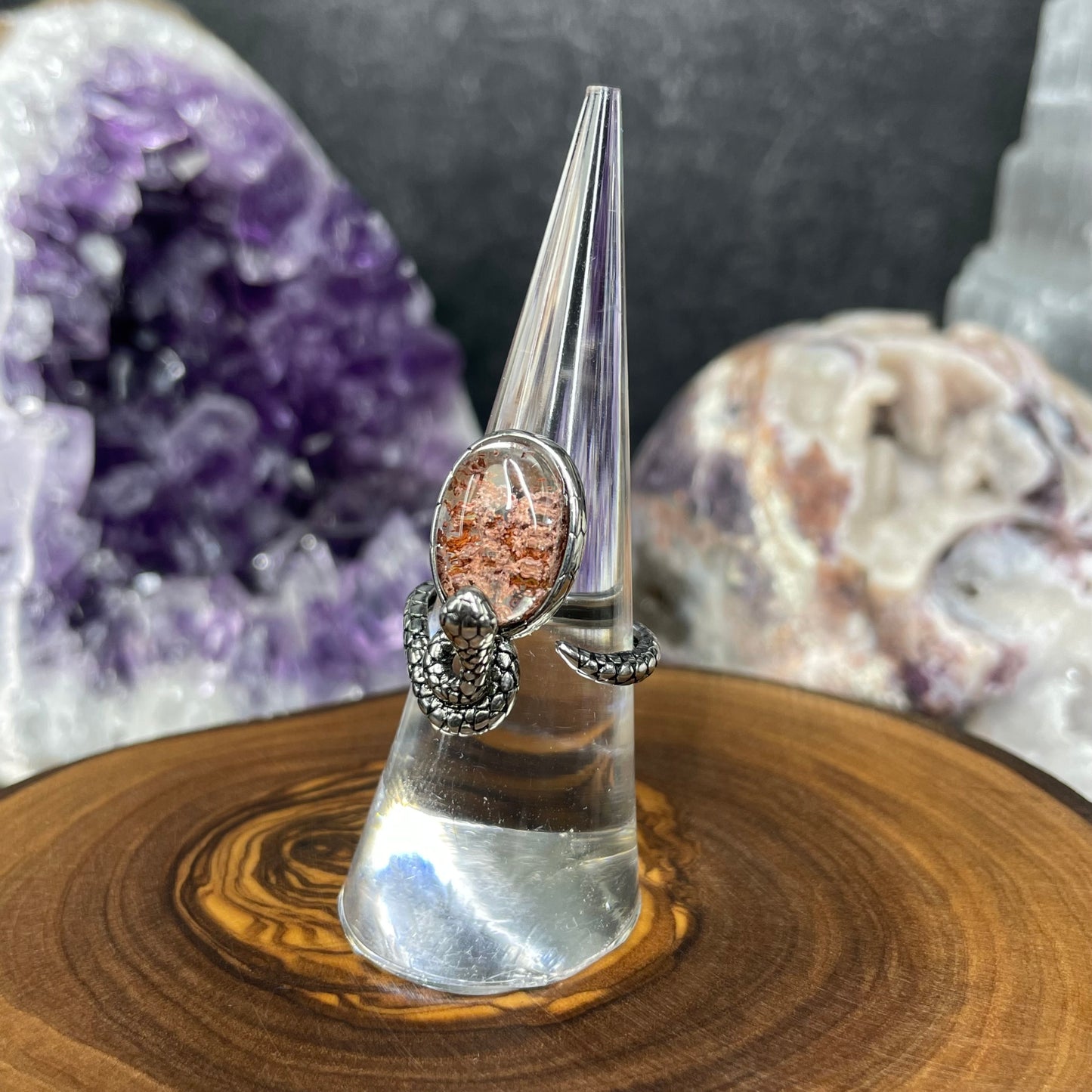 Adjustable Garden Quartz Crystal Silver Plated Snake Ring