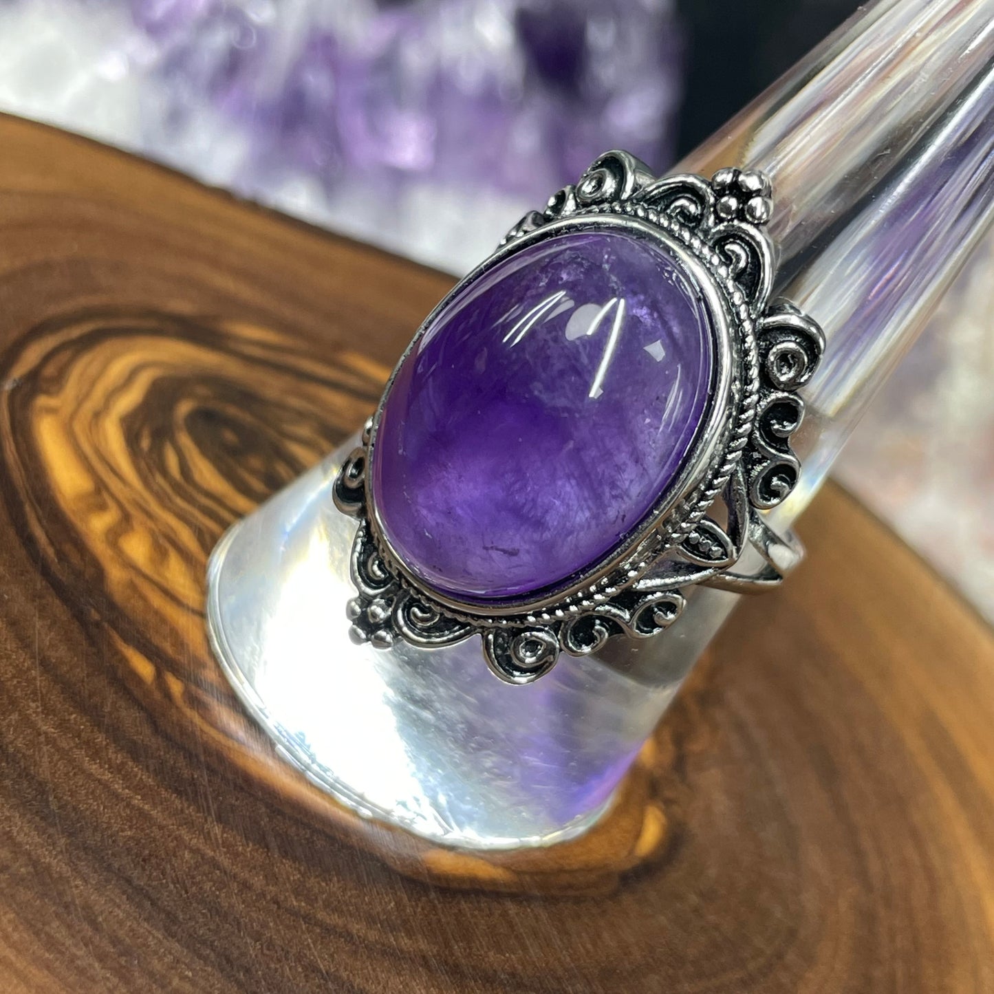 Adjustable Amethyst Crystal Silver Plated Ring