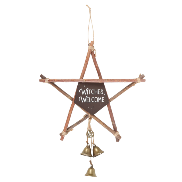 Large Witches Welcome Hanging Willow Pentagram Sign with Bells