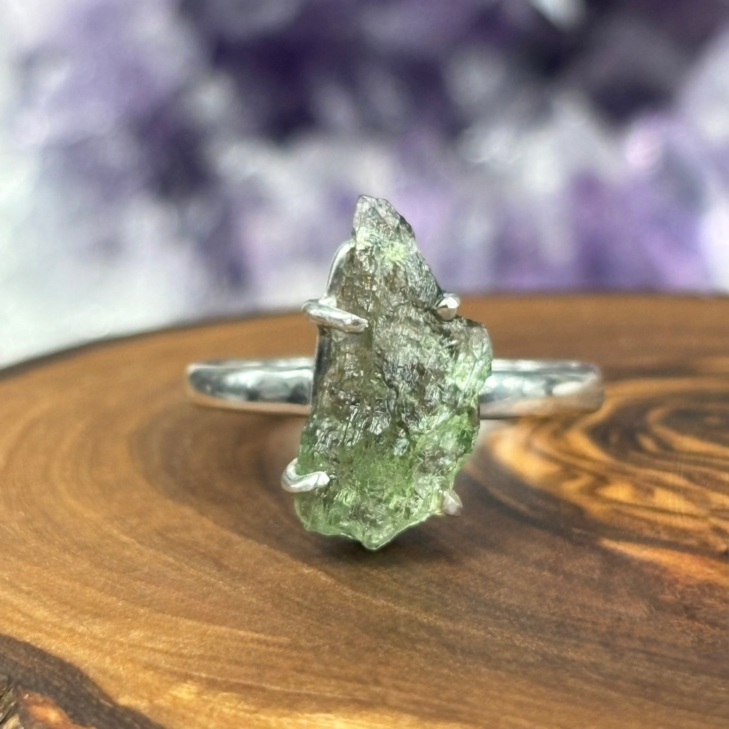 Moldavite Crystal 925 Sterling Silver Ring - UK Size N.5