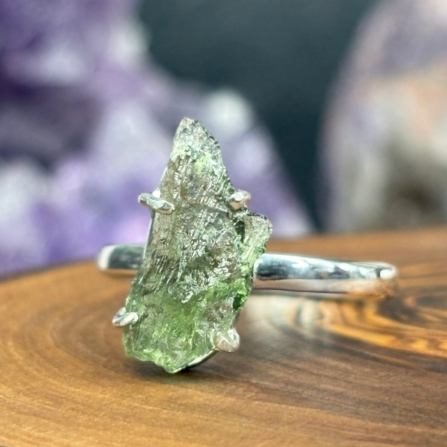 Moldavite Crystal 925 Sterling Silver Ring - UK Size N.5
