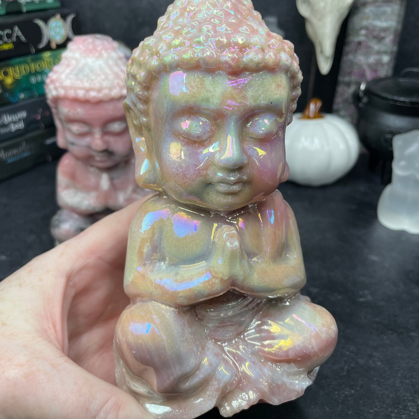 Large Pink Opal Aura Crystal Buddha Carving
