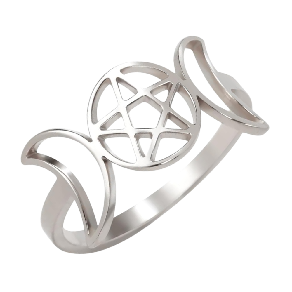 Triple Moon & Pentagram Silver Goddess Ring