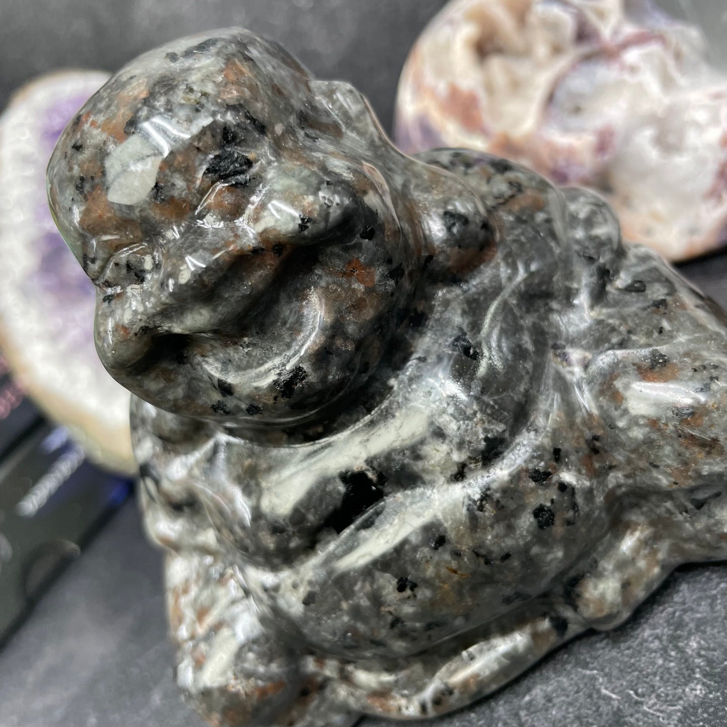 Yooperlite Crystal Laughing Buddha Carving