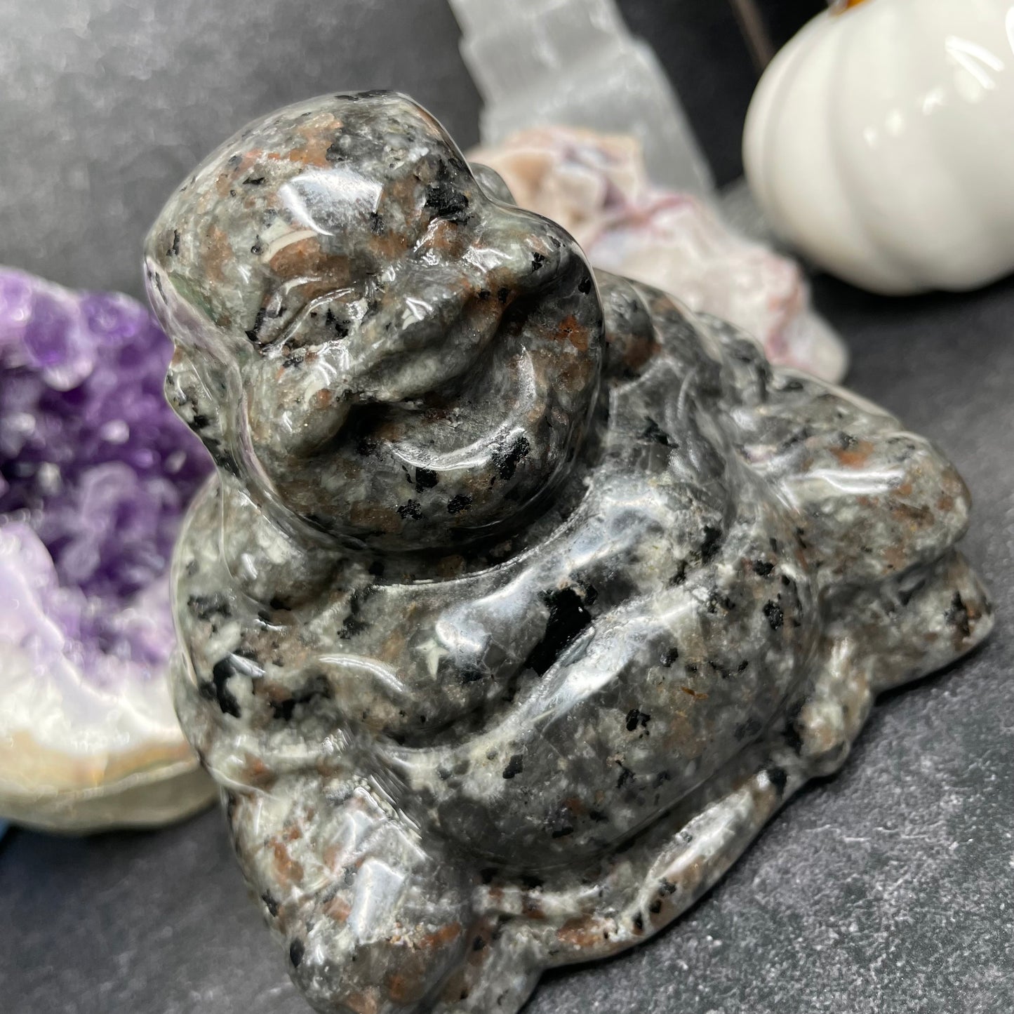 Yooperlite Crystal Laughing Buddha Carving