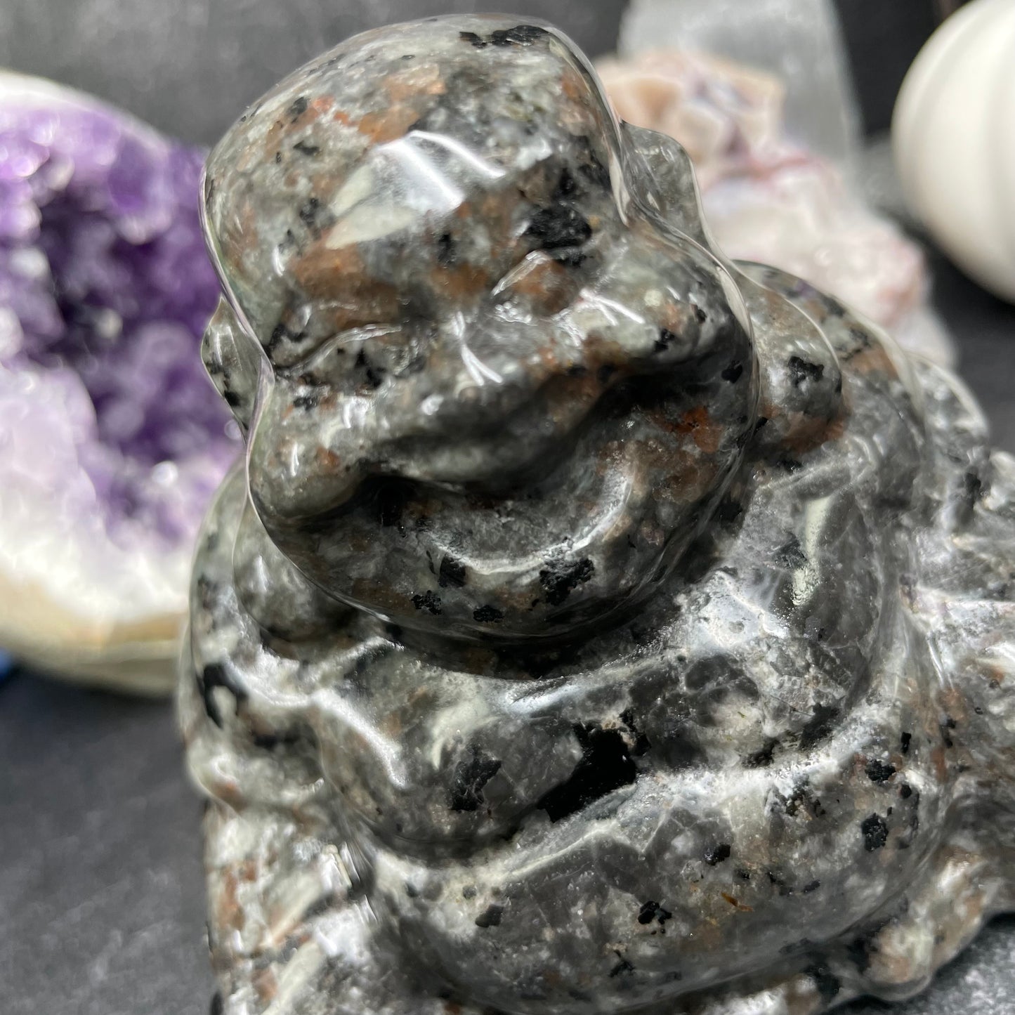 Yooperlite Crystal Laughing Buddha Carving
