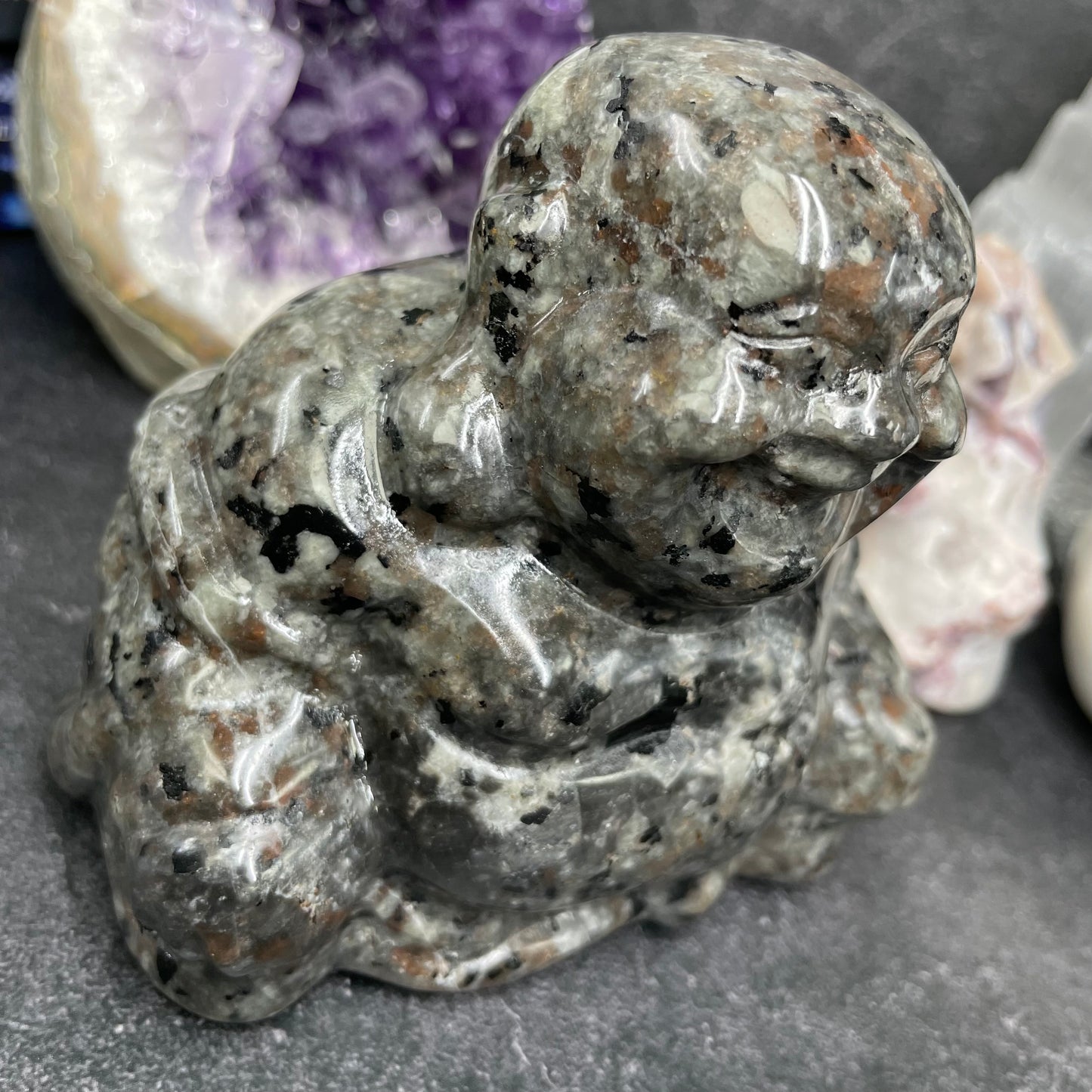 Yooperlite Crystal Laughing Buddha Carving