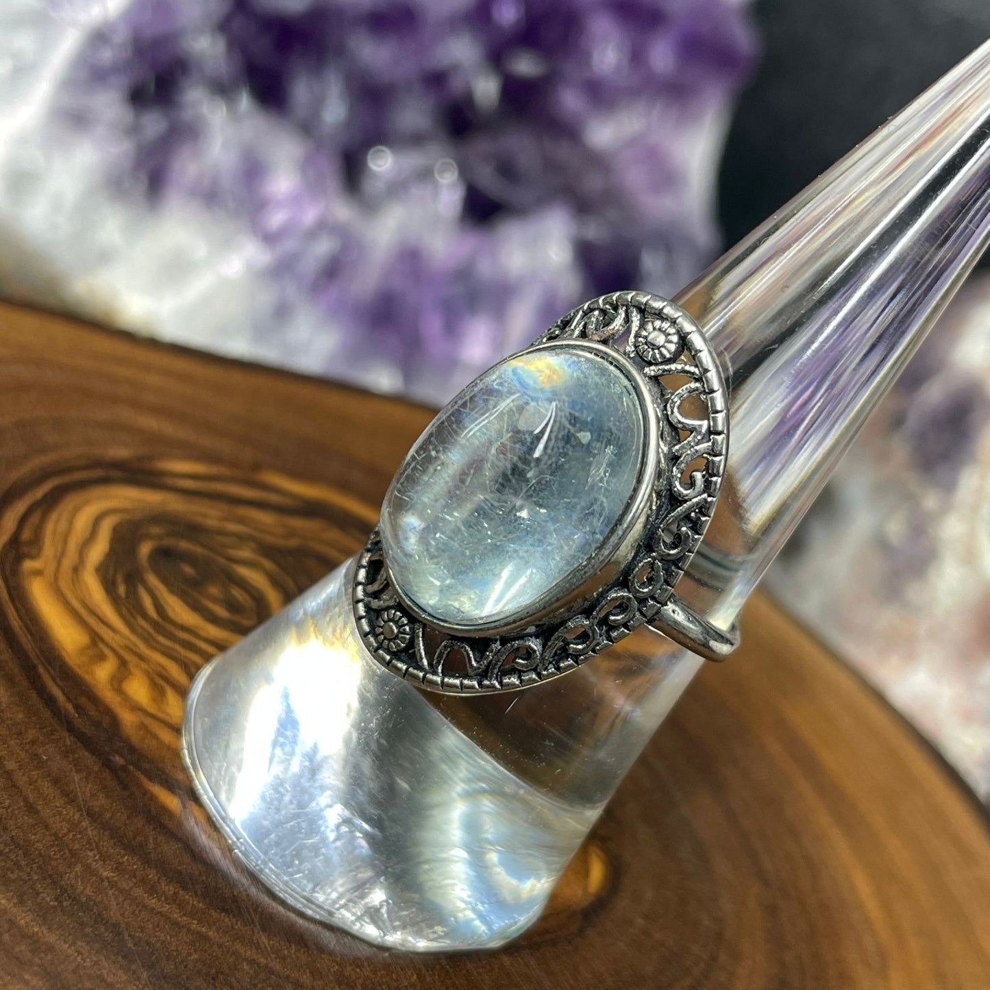 Adjustable Aquamarine Crystal Silver Plated Ring
