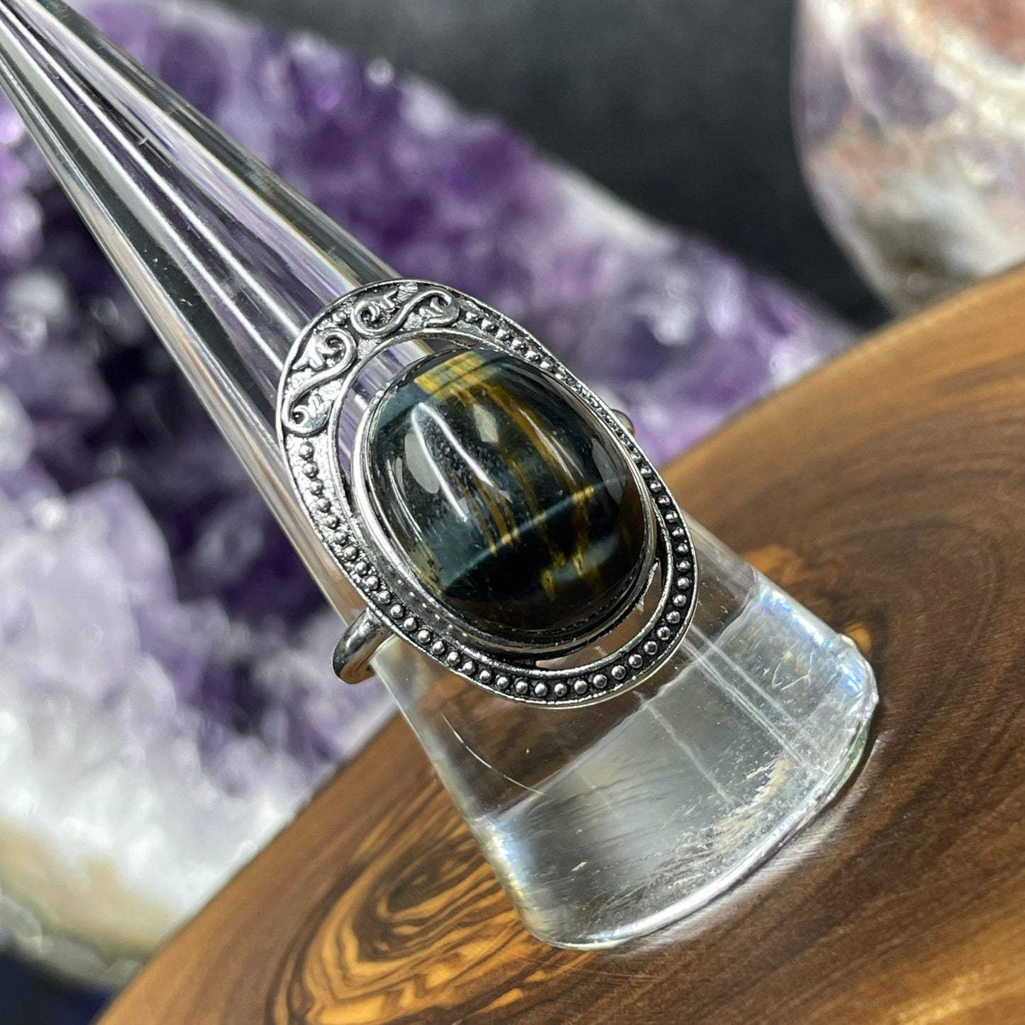 Adjustable Blue Tiger's Eye Crystal Silver Plated Ring